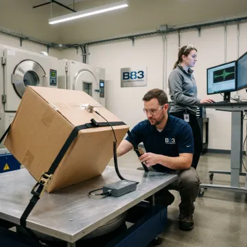 Packaging testing laboratory with shipping boxes