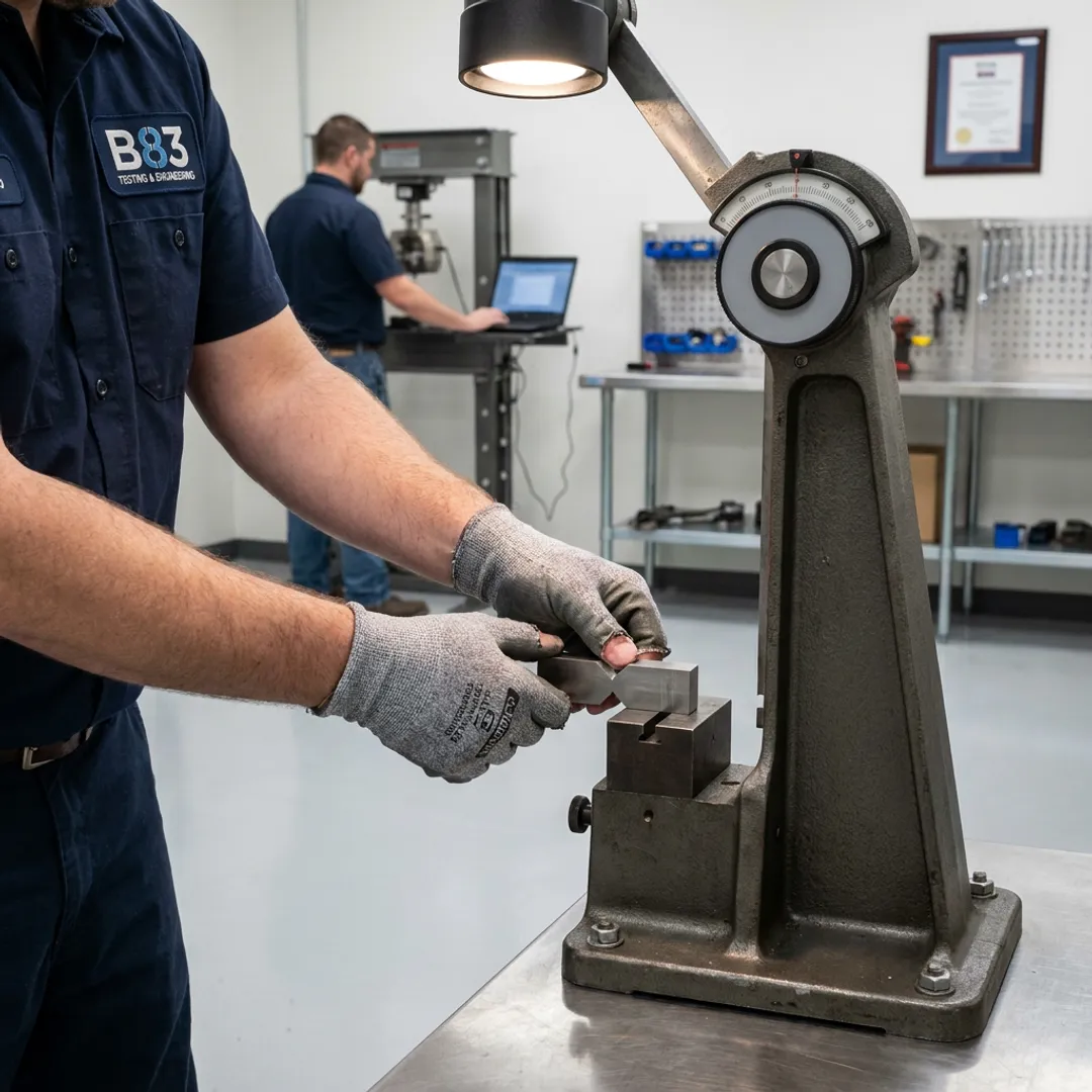 Laboratory technician preparing metal specimens for impact fracture testing