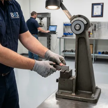 Laboratory technician preparing metal specimens for impact fracture testing