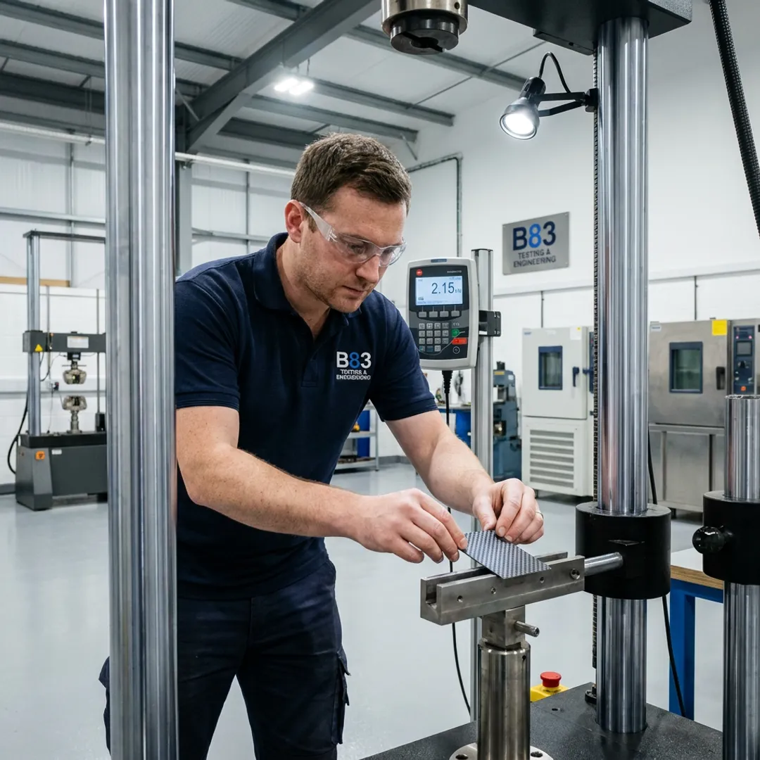 Engineer setting up composite shear testing fixture
