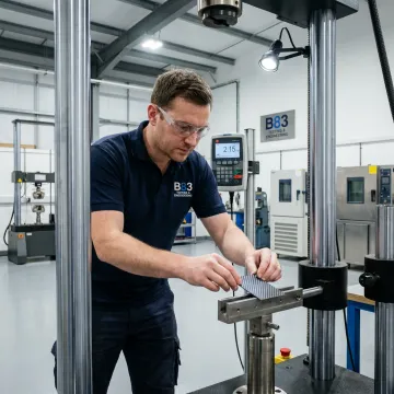 Engineer setting up composite shear testing fixture