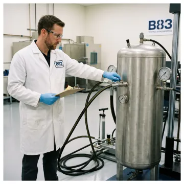 Technician performing tank integrity pressure test