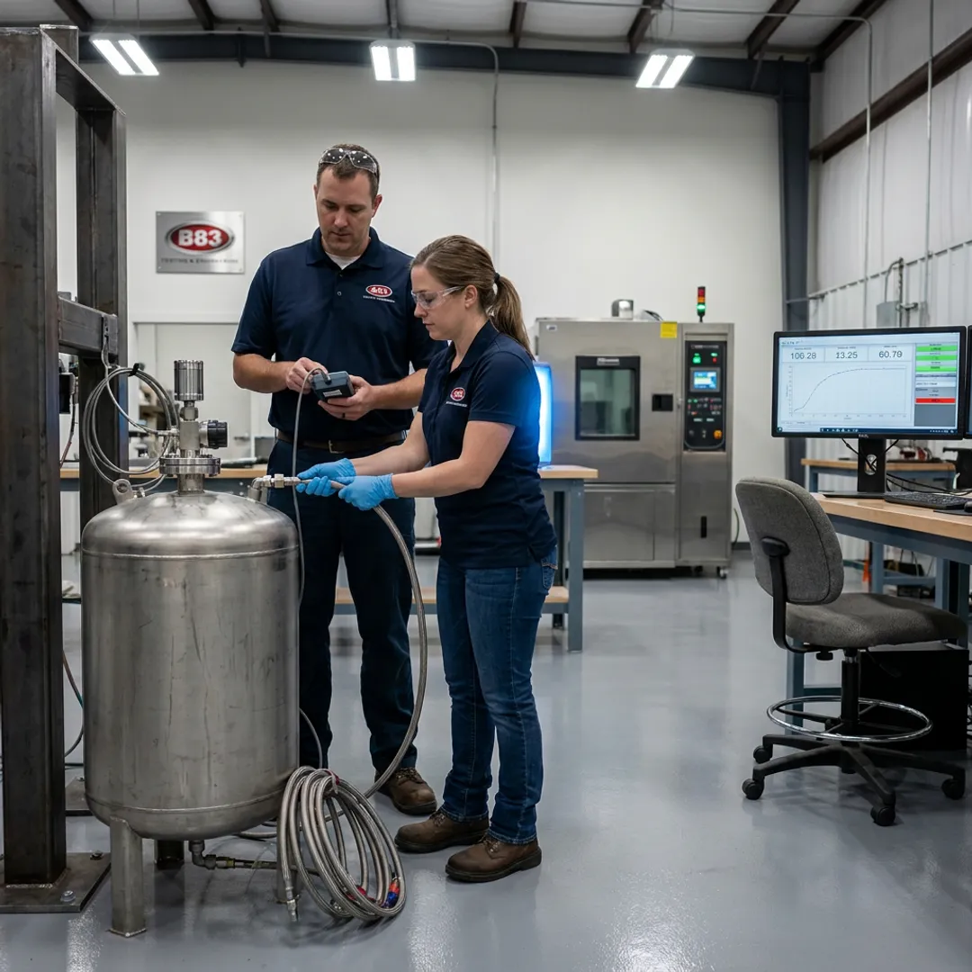 Engineers testing an industrial tank in a laboratory
