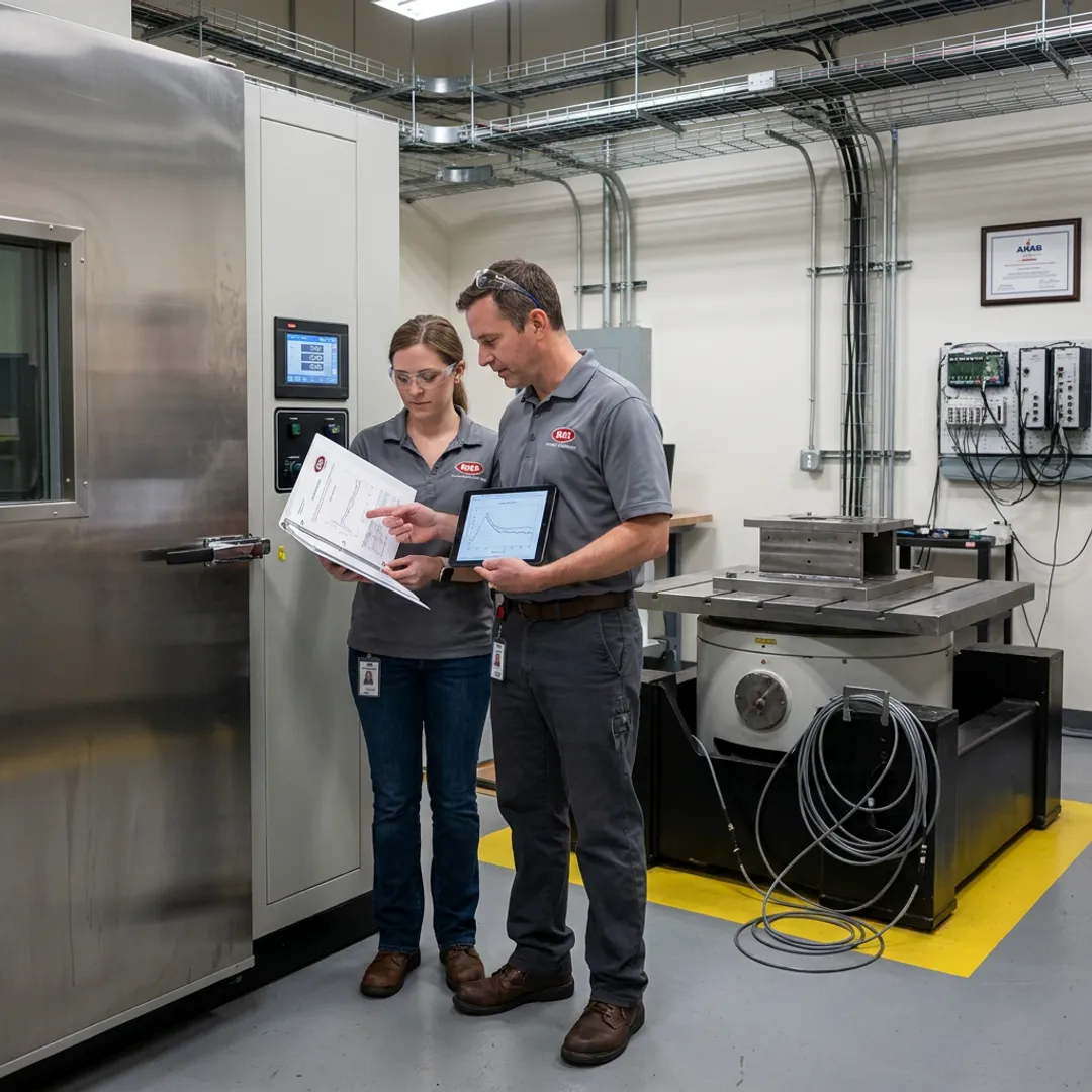Engineers reviewing environmental simulation test data