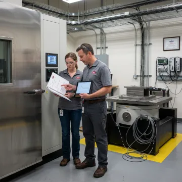 Engineers reviewing environmental simulation test data