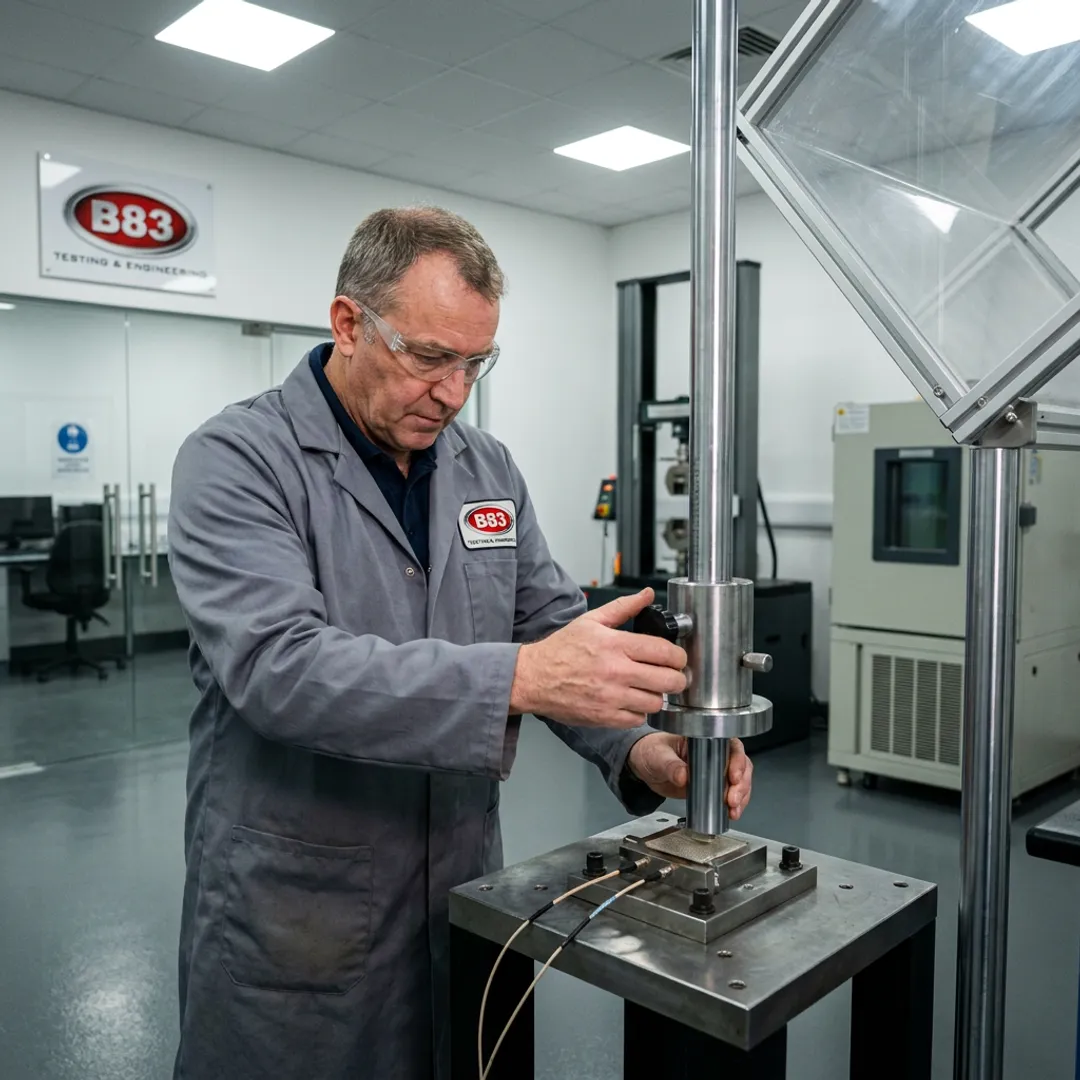 Technician setting up a drop weight impact test
