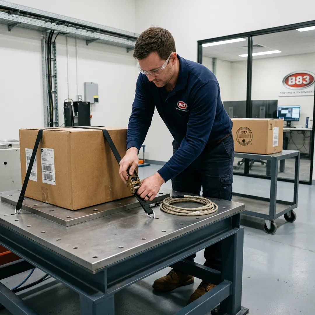 Engineer preparing packaged product for vibration testing
