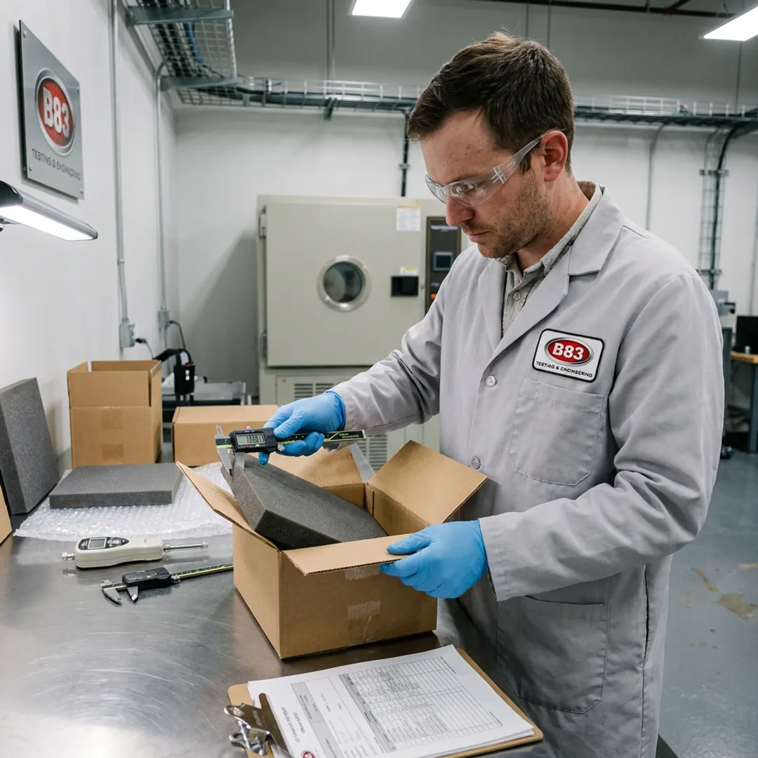 Packaging test engineer inspecting shipping box