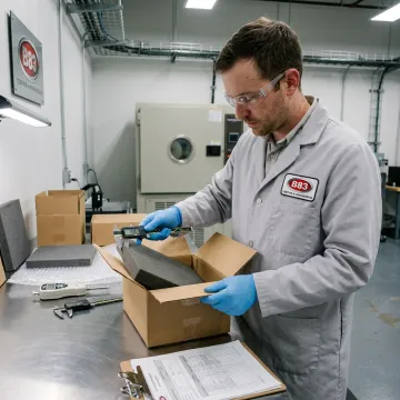 Packaging test engineer inspecting shipping box