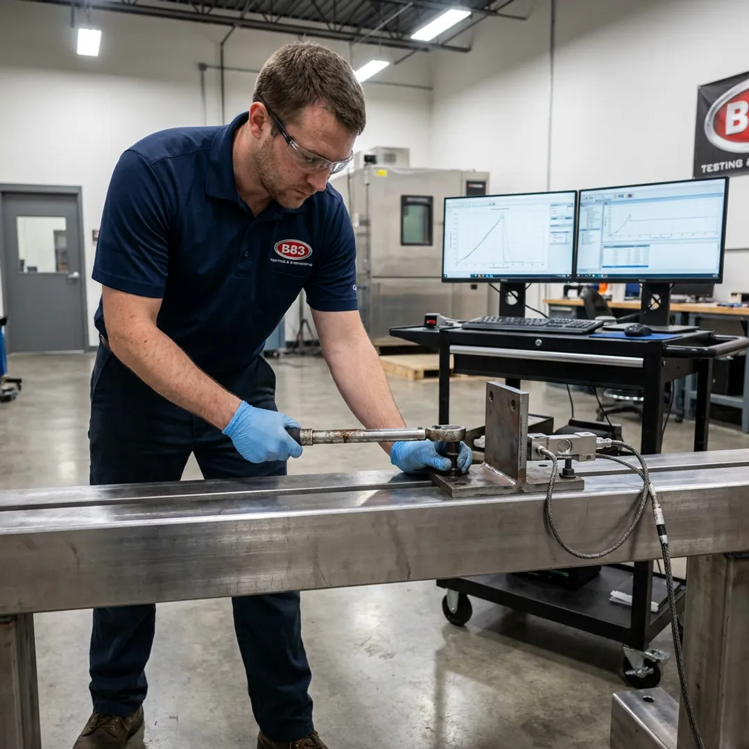 Engineer preparing bracket for laboratory testing