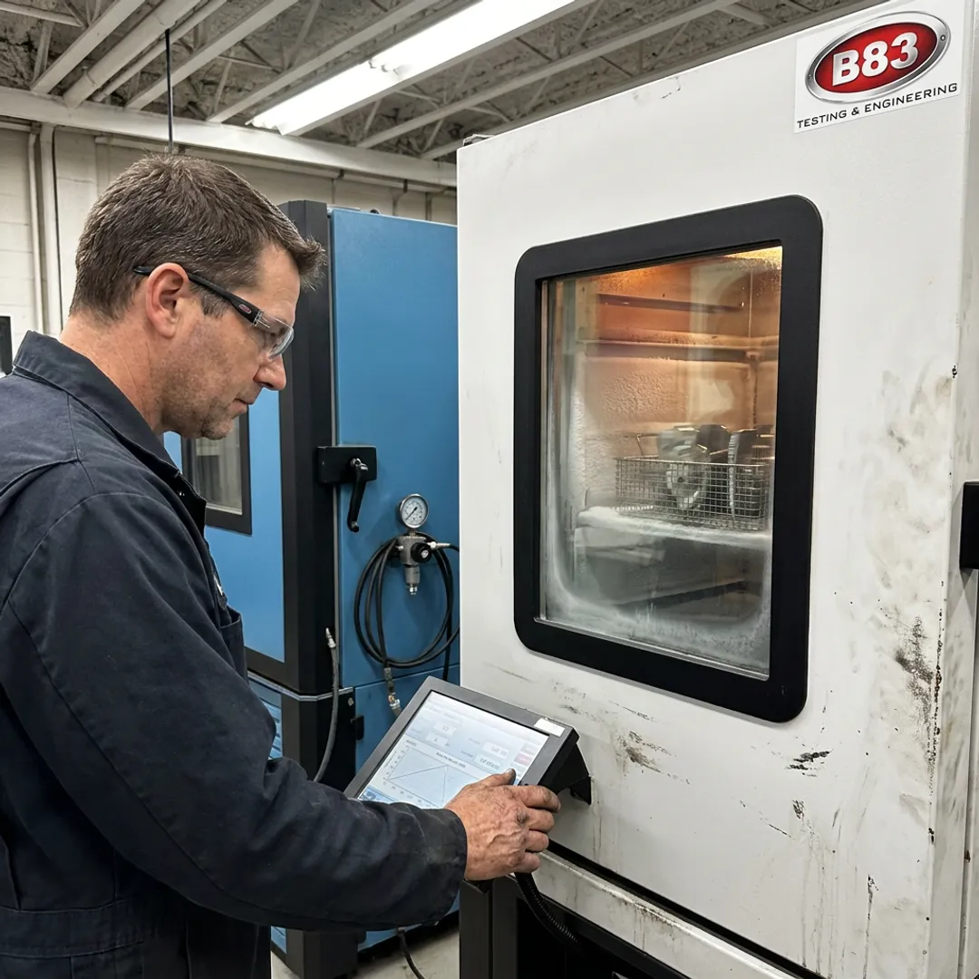 Engineer monitoring a thermal shock test chamber