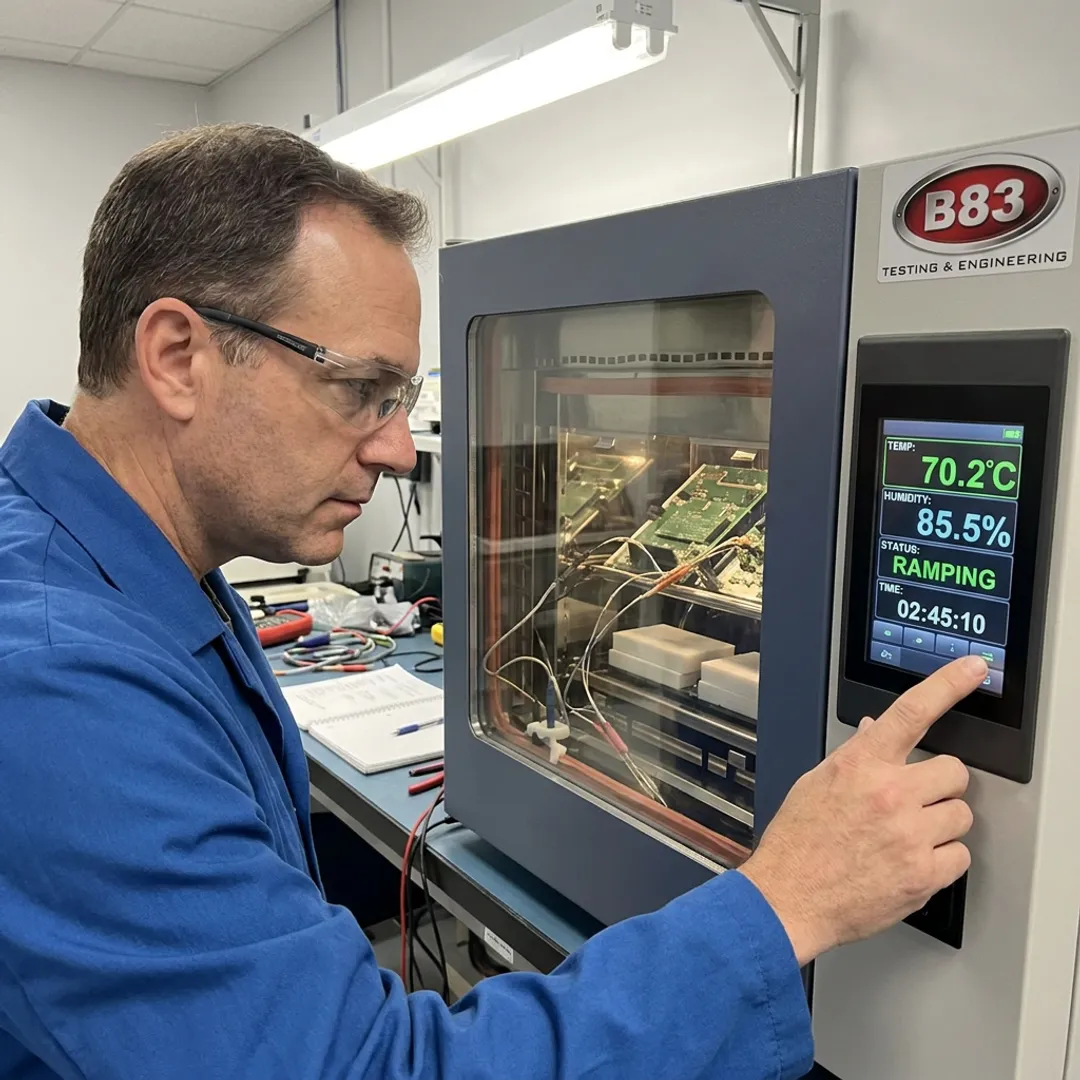 Technician monitoring environmental chamber testing