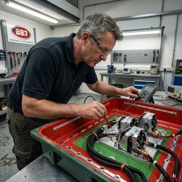 Materials testing laboratory with engineer inspecting equipment