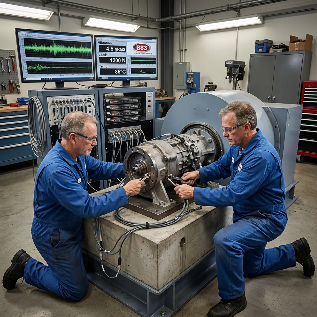 Engineers preparing powertrain component test equipment