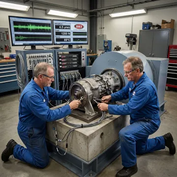 Engineers preparing powertrain component test equipment