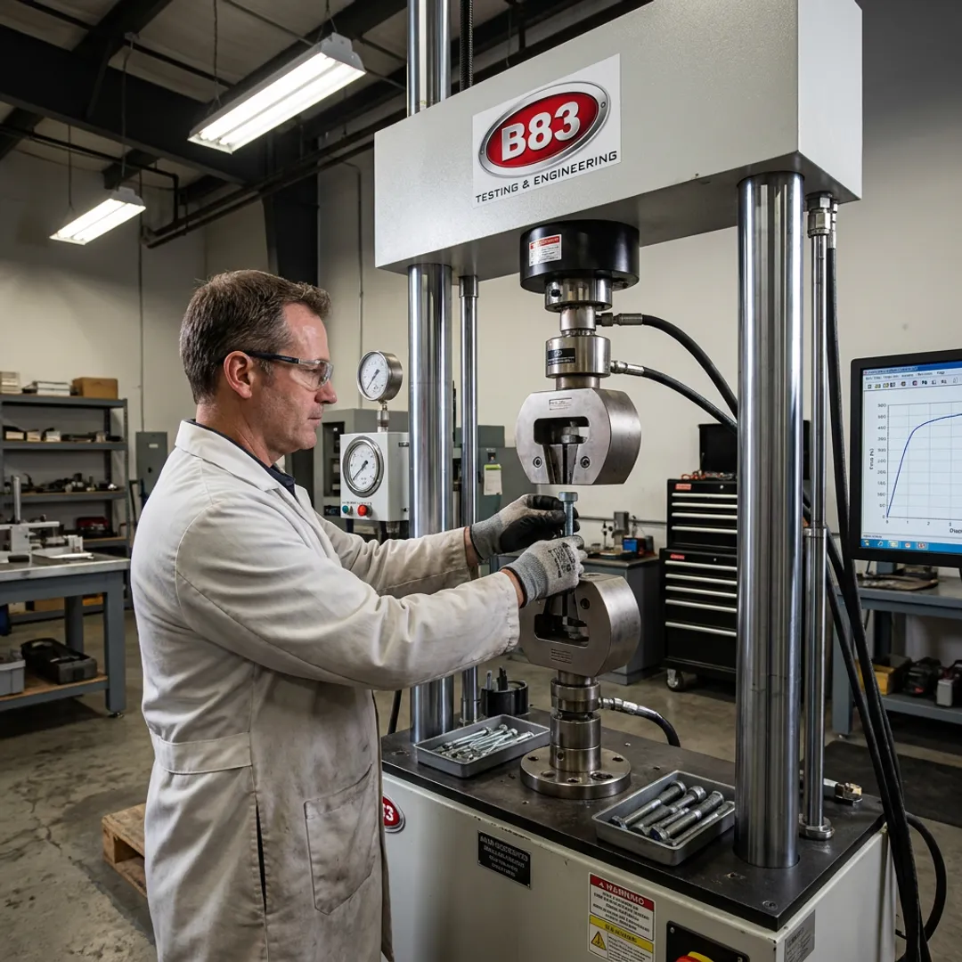 Engineer preparing fastener testing equipment