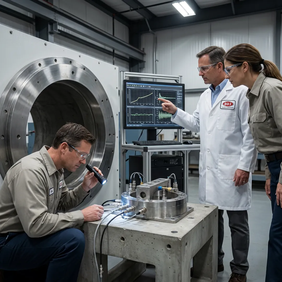 Engineers reviewing product testing equipment