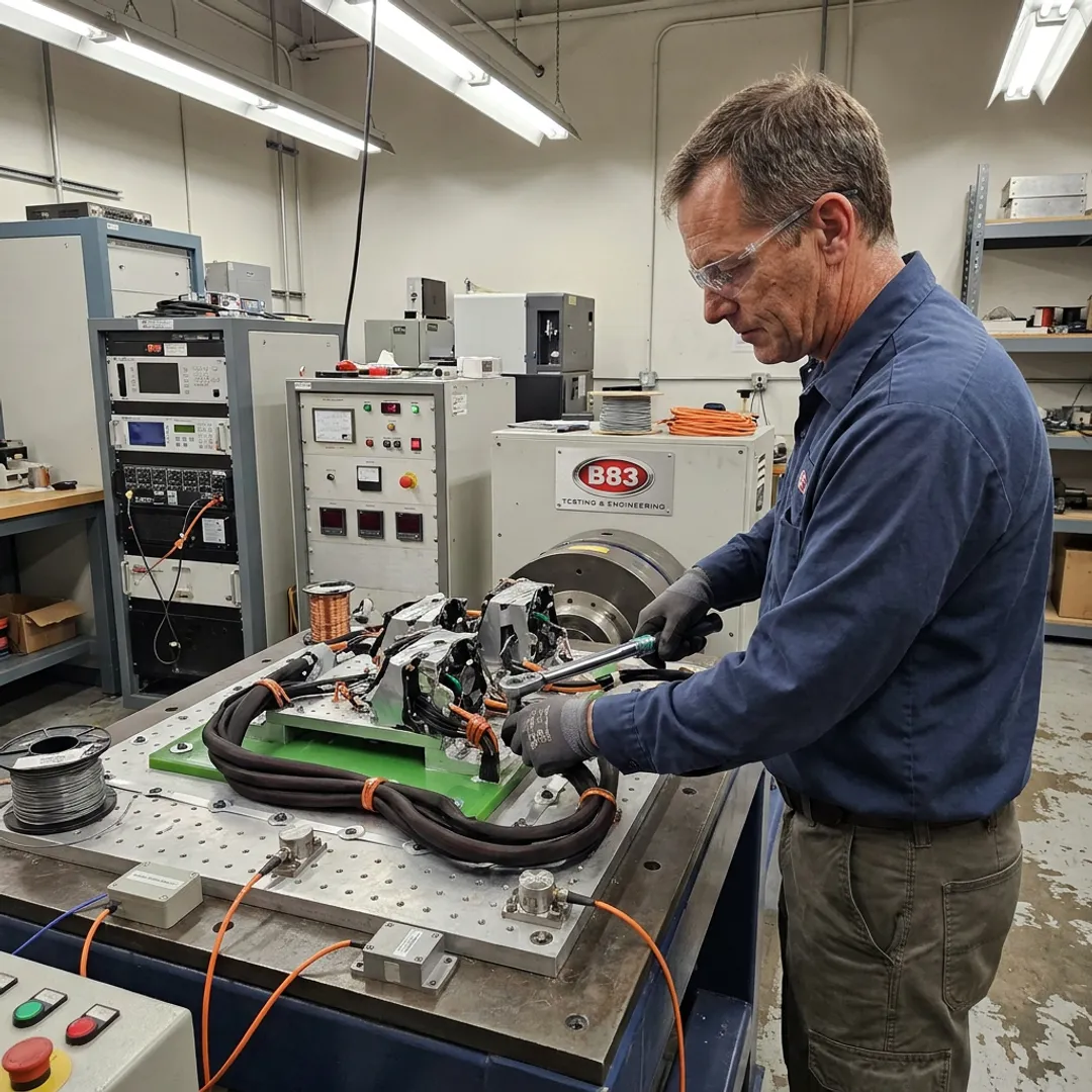 Engineer setting up vibration testing on a shaker table