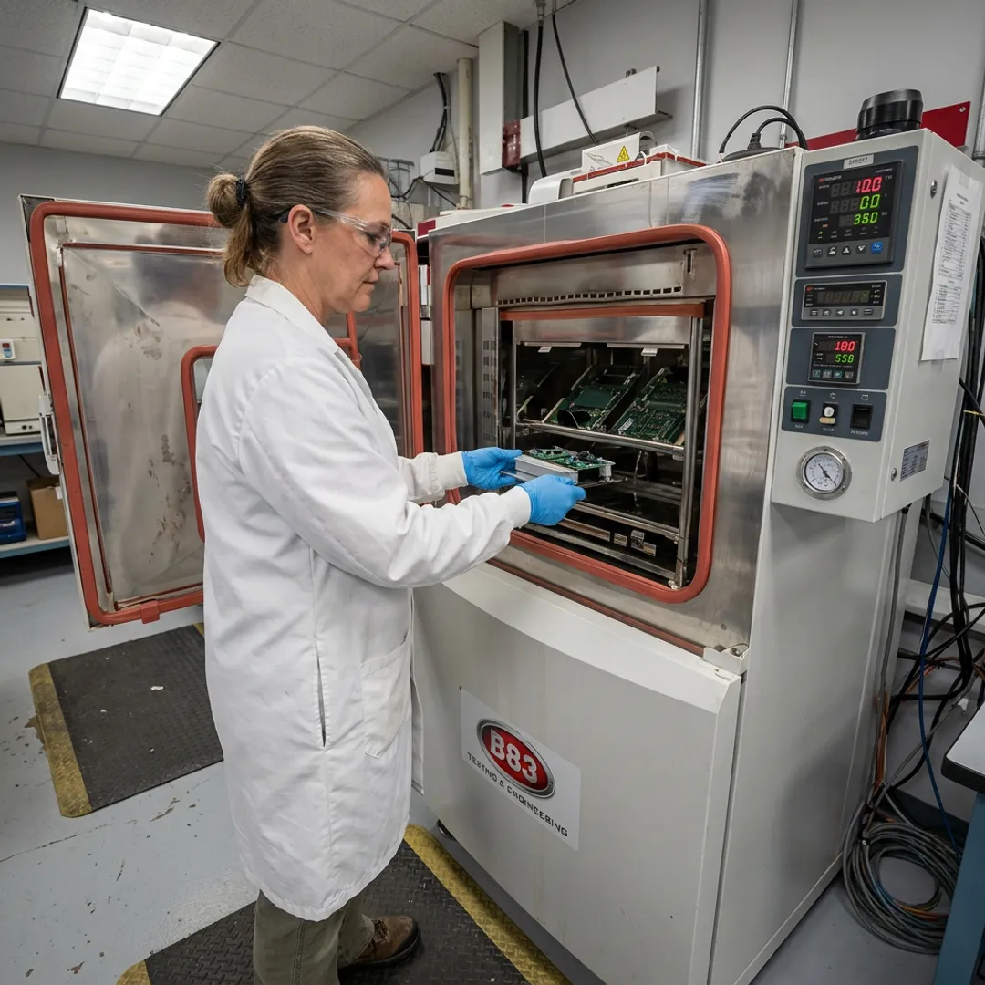 Technician reviewing aging test samples in environmental chamber