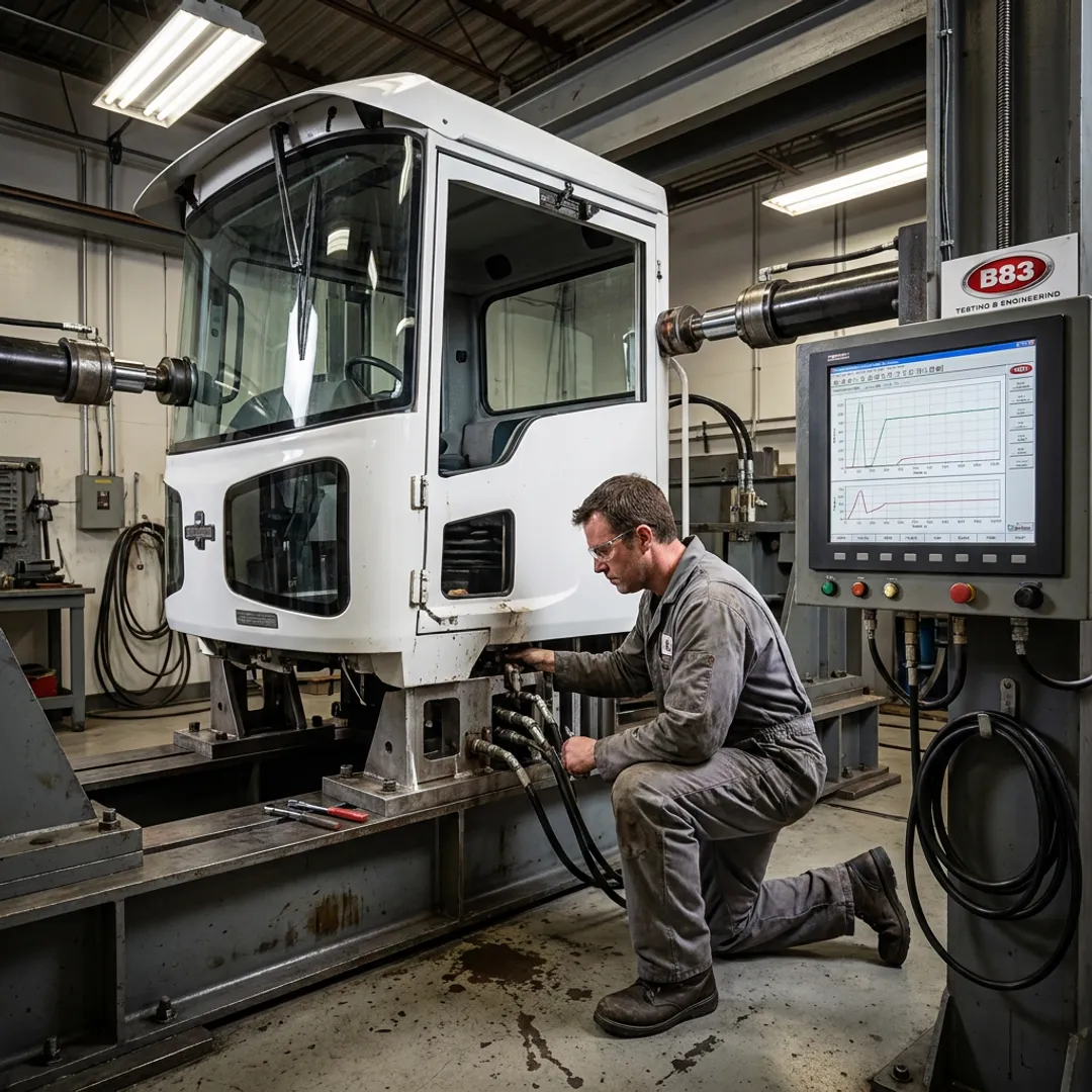 Engineer measuring protective equipment cab during structural testing