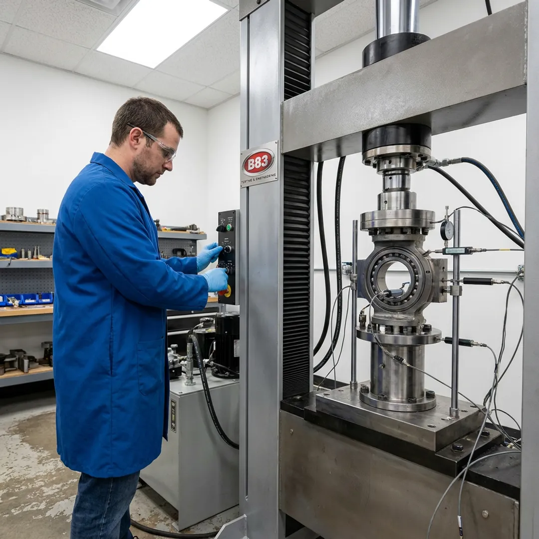 Technician measuring bearing deflection during load testing