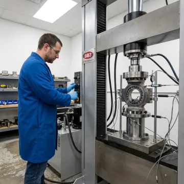 Technician measuring bearing deflection during load testing