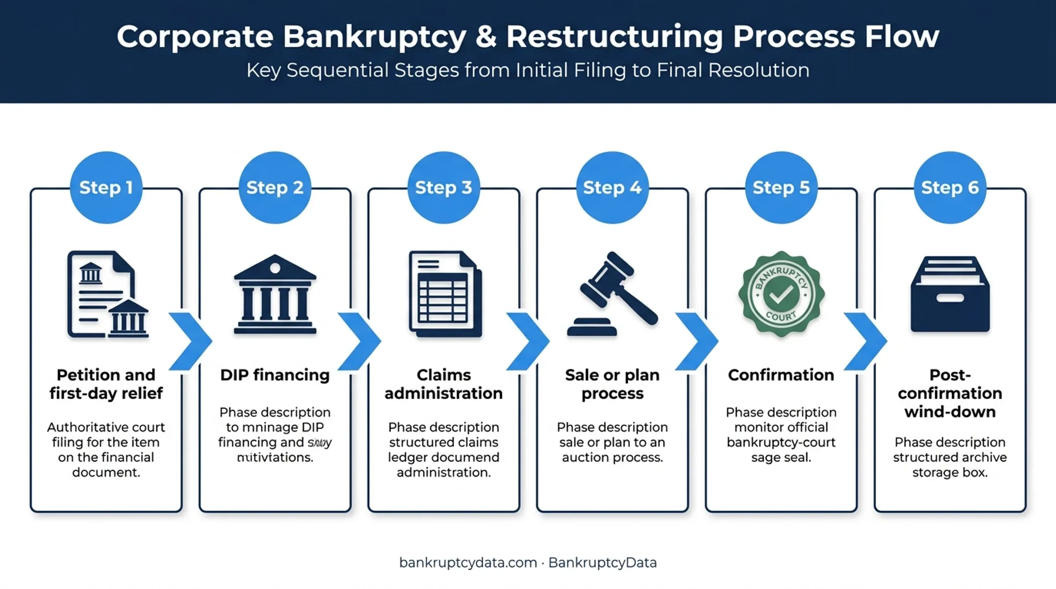 Six-stage Chapter 11 bankruptcy case process flow