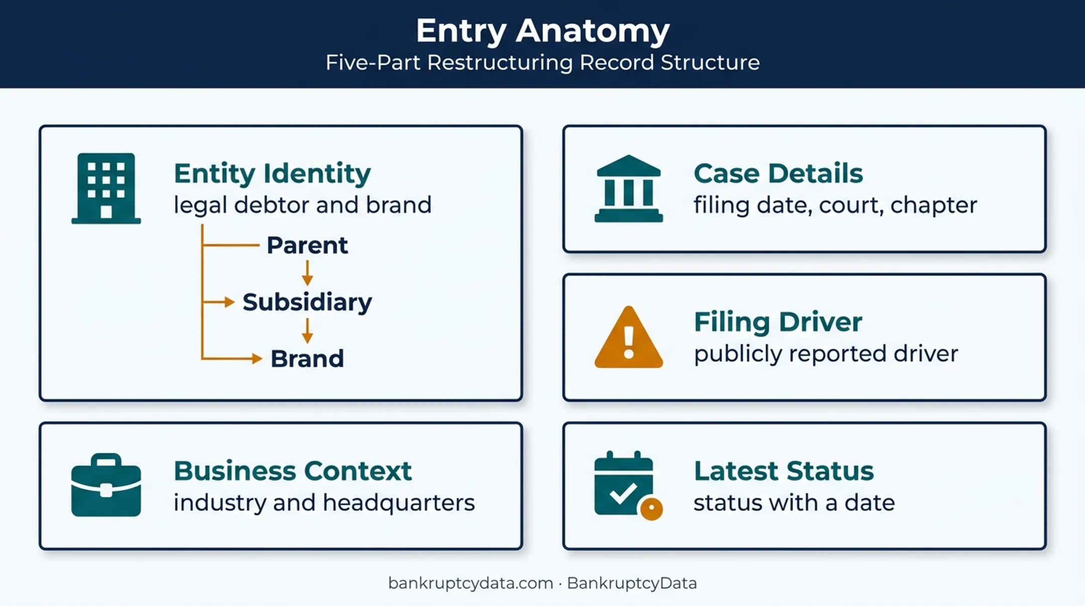 Bankruptcy case entry anatomy showing debtor identity and status fields