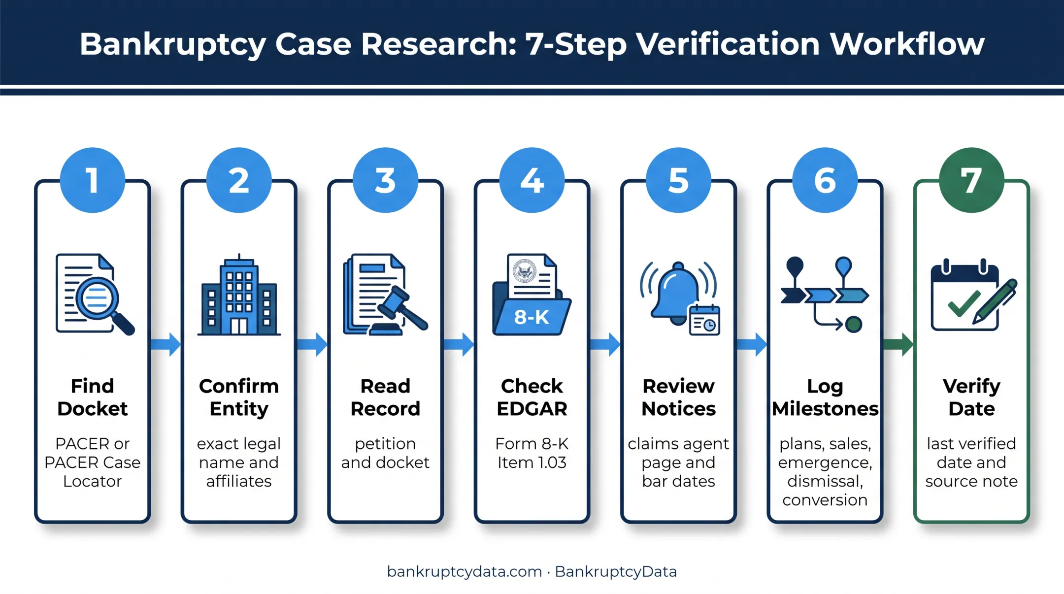 Seven-step company bankruptcy filing verification workflow