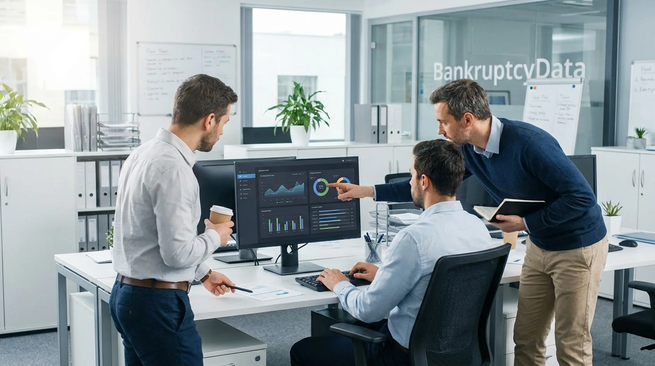 Bankruptcy research analysts using case tracking platform