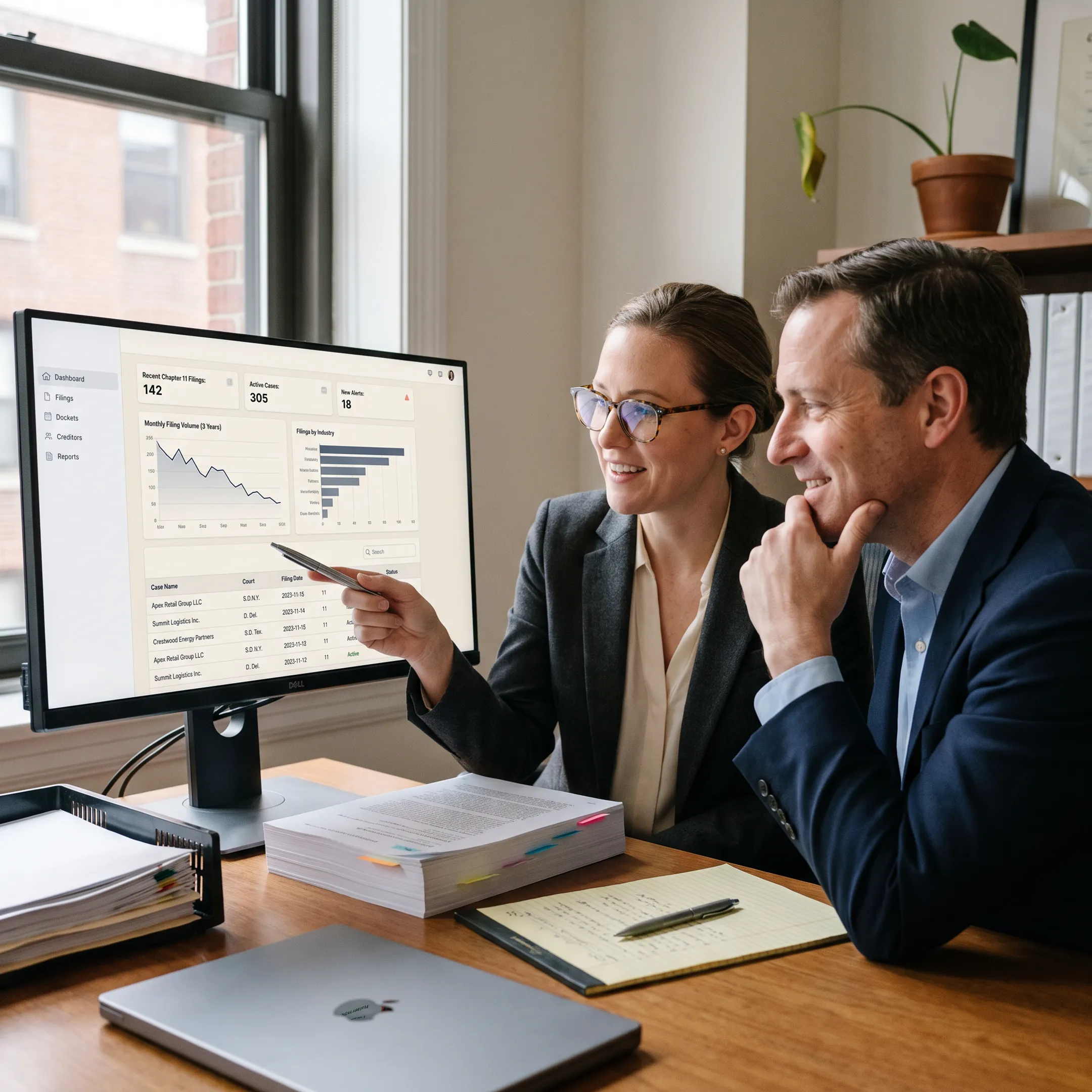 Restructuring professionals reviewing U.S. bankruptcy case intelligence on a computer