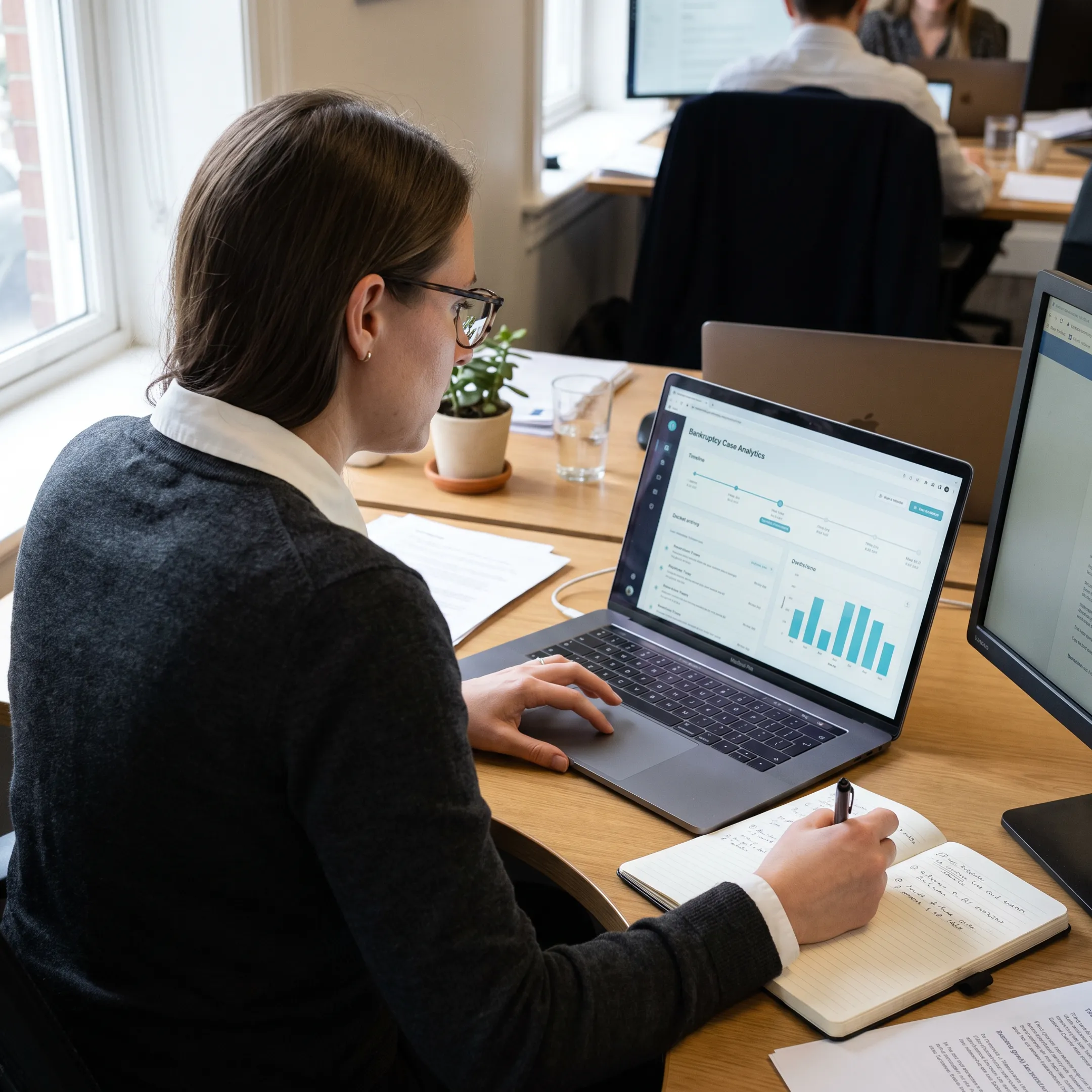 Professional reviewing bankruptcy case dockets and court filings on a laptop