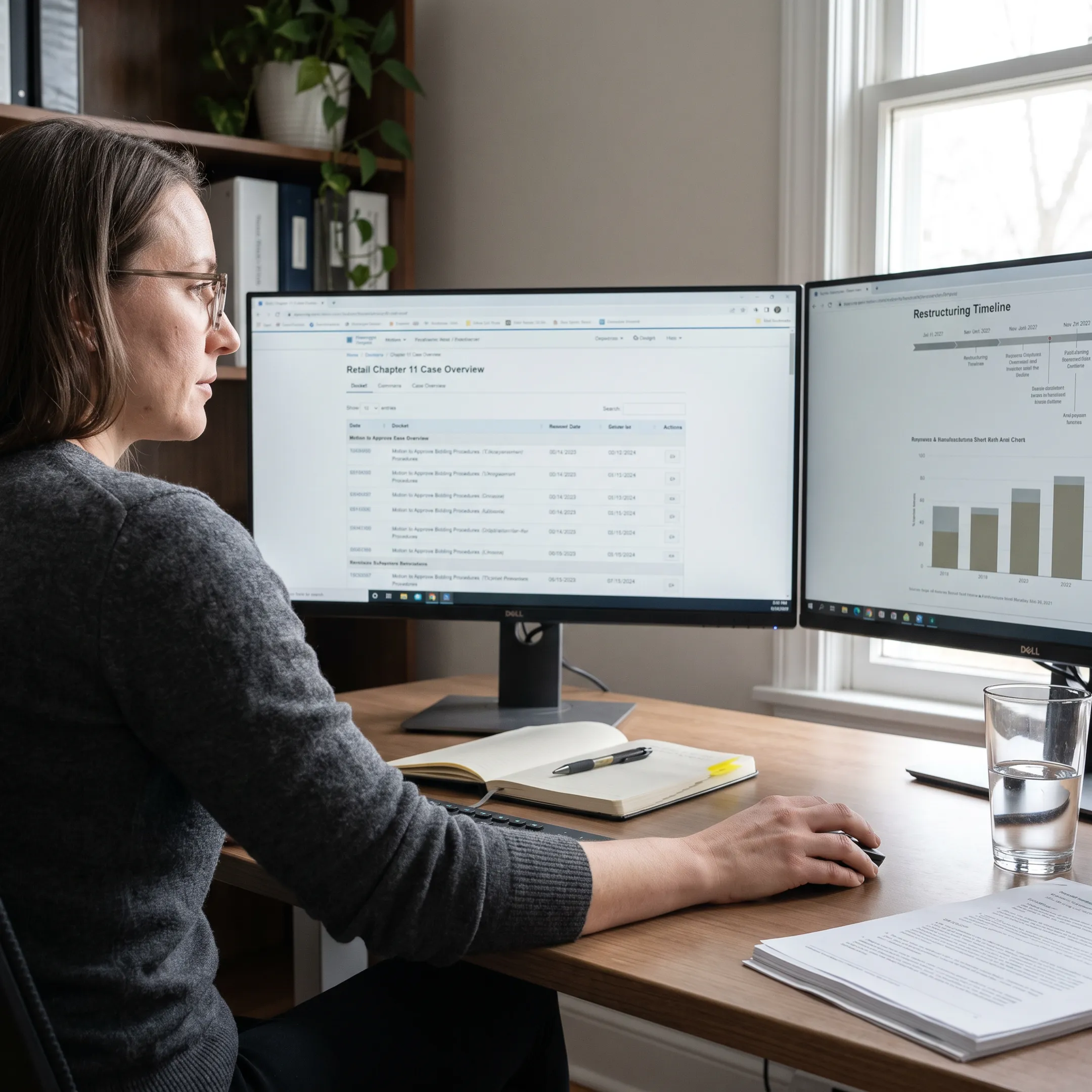 Researcher reviewing Joann bankruptcy docket activity on a structured case intelligence platform