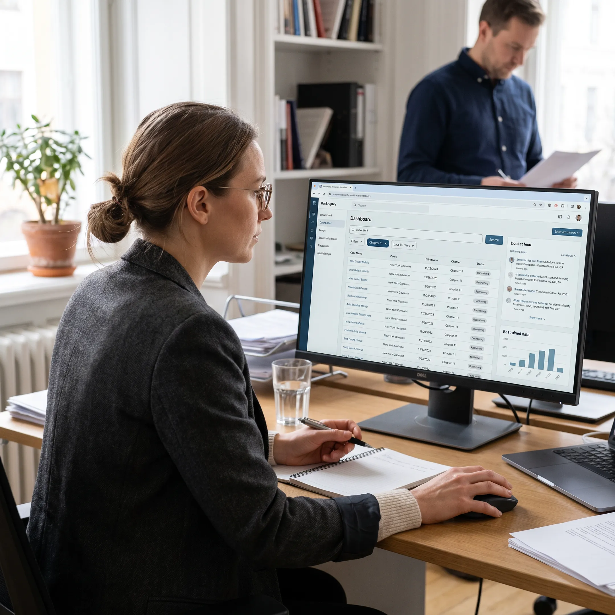 Analyst reviewing New York bankruptcy case filings on a computer dashboard