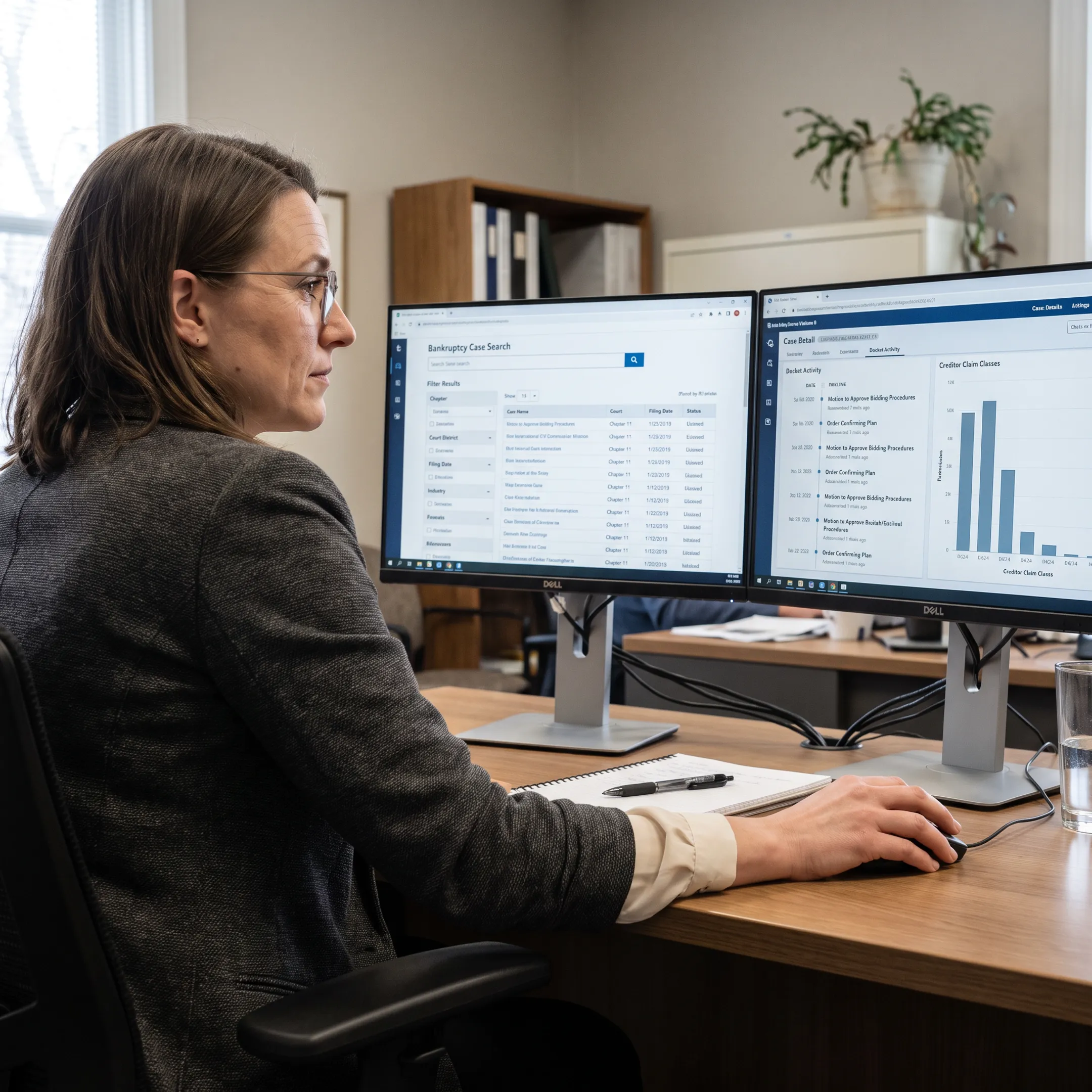 Researcher reviewing bankruptcy records and court documents on a computer