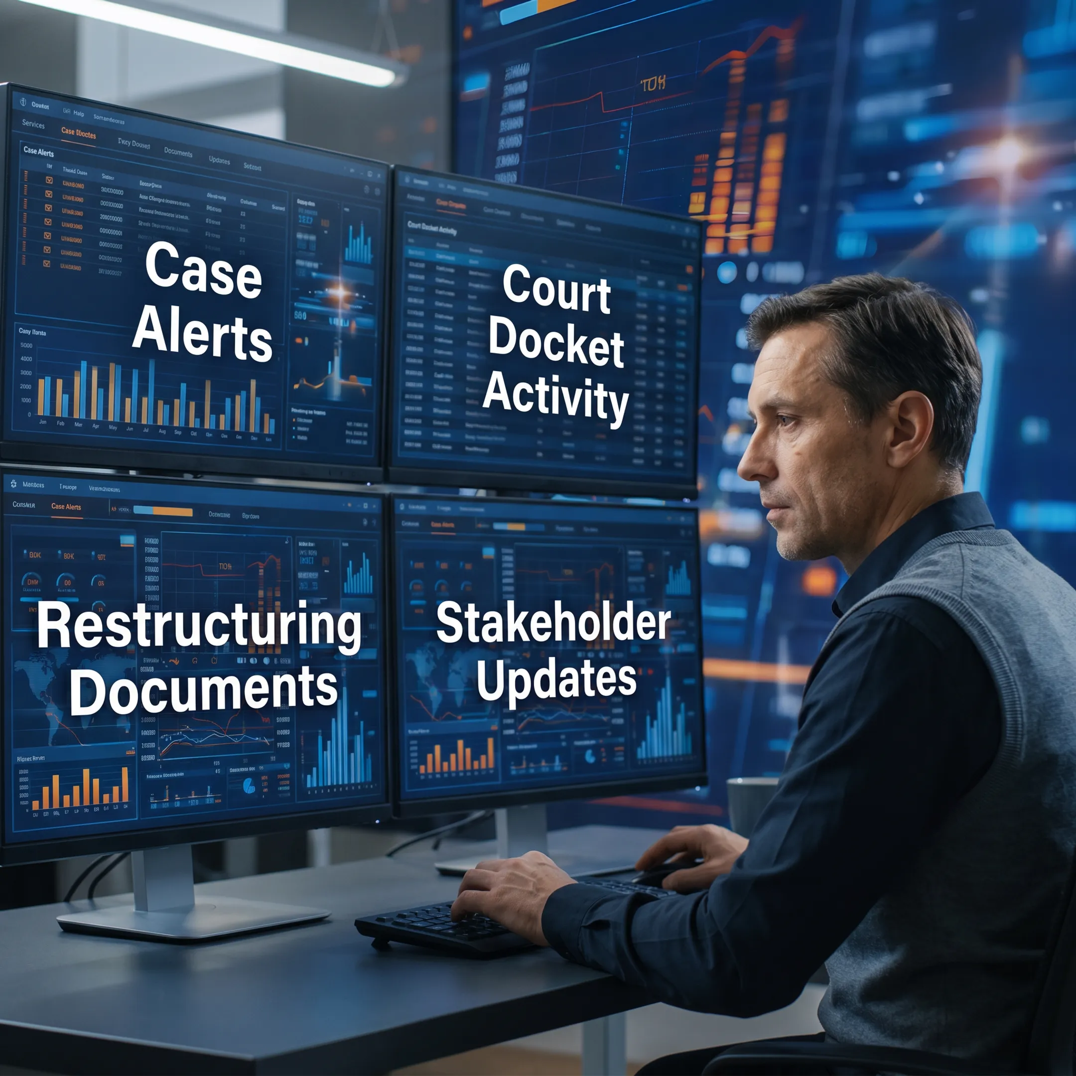 Analyst reviewing bankruptcy case alerts and court activity on a digital monitoring platform