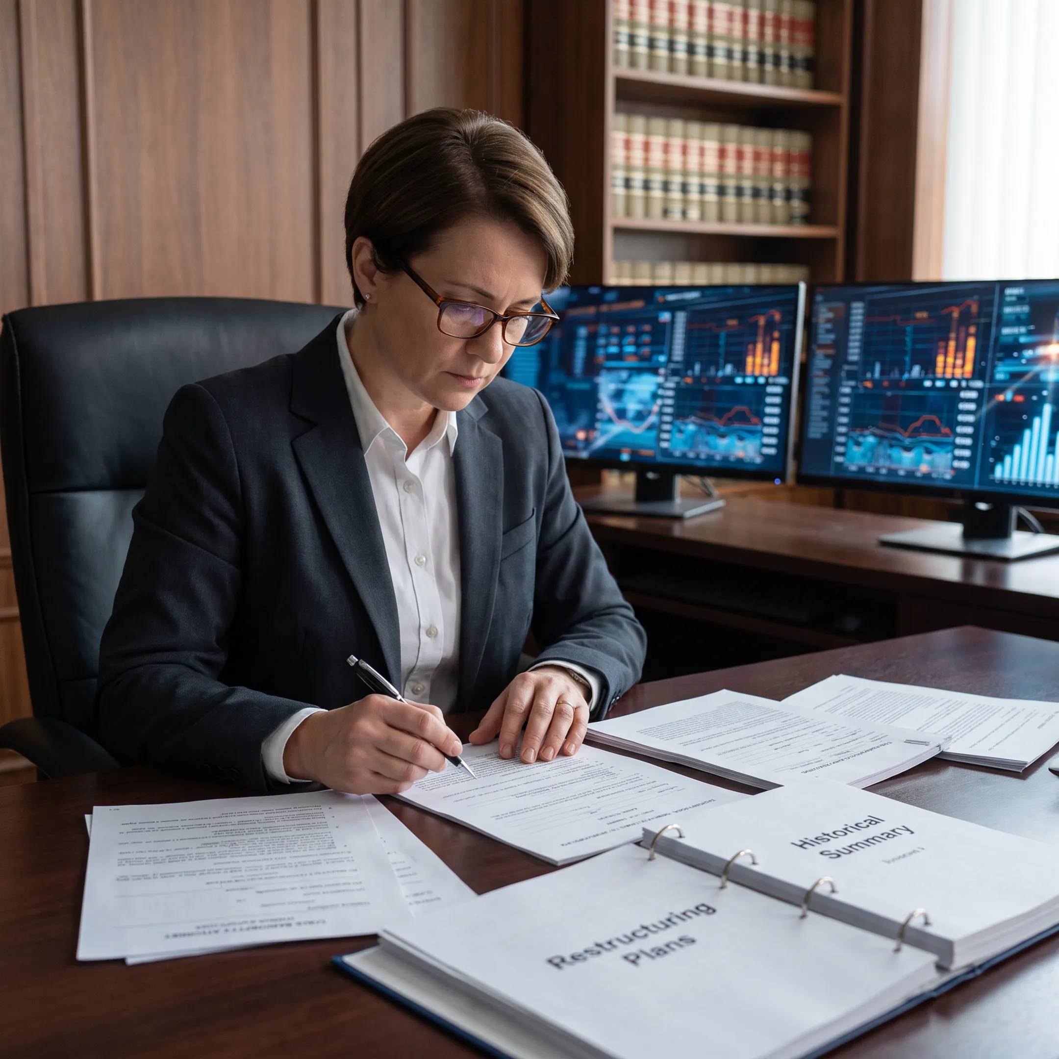 Attorney analyzing bankruptcy case records and restructuring documents