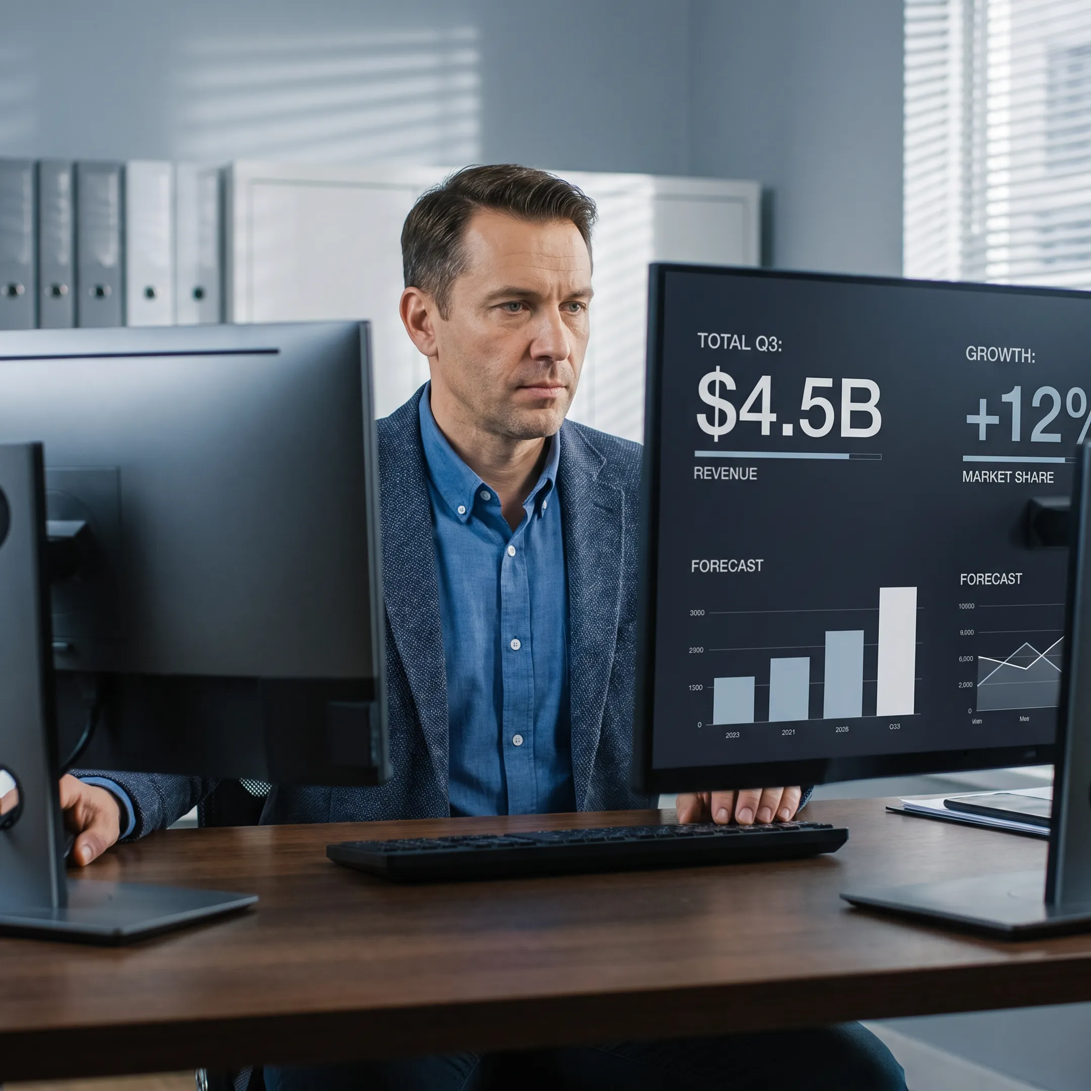 Analyst reviewing corporate intelligence on multiple screens