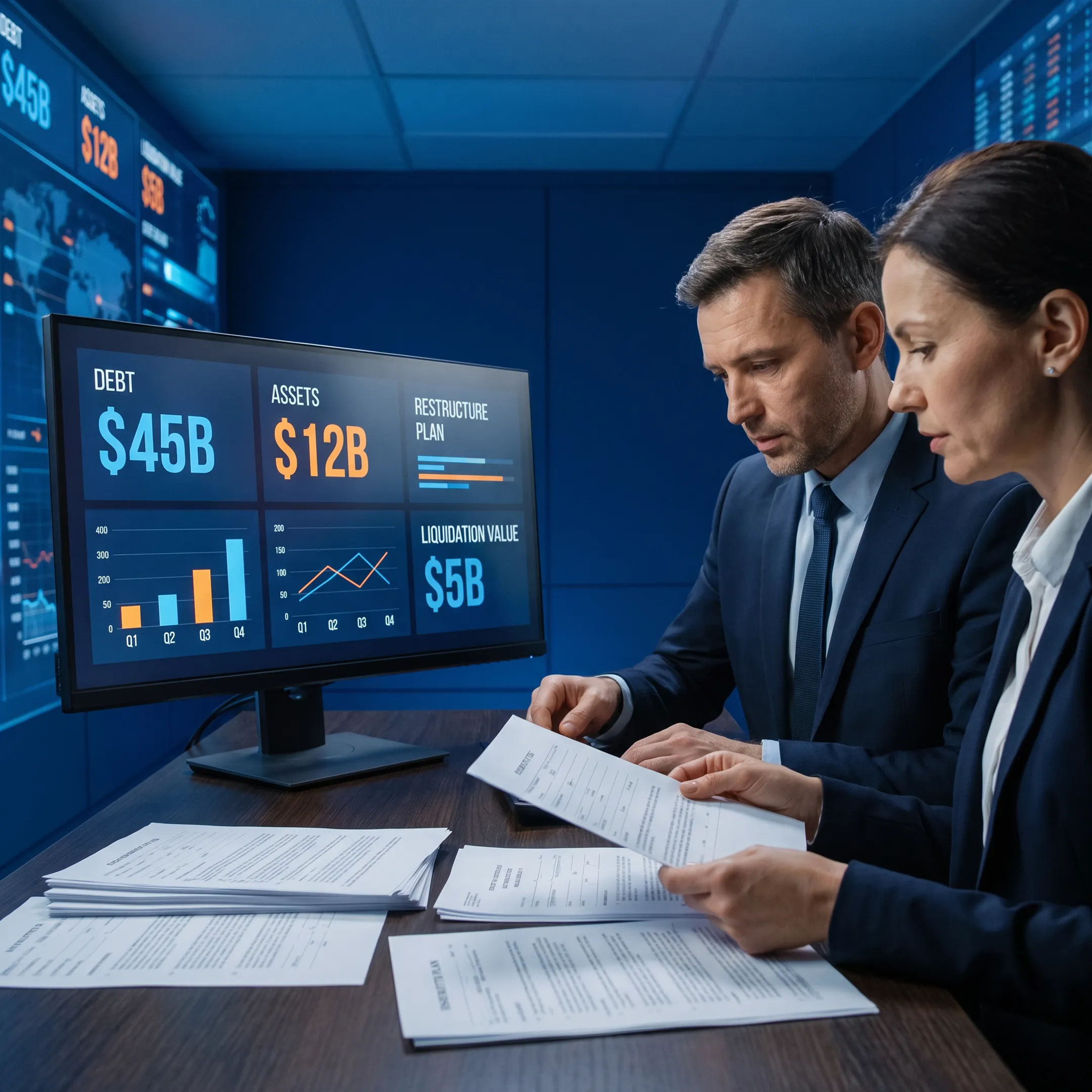 Analyst reviewing Chesapeake Energy bankruptcy filings and restructuring data on a research platform