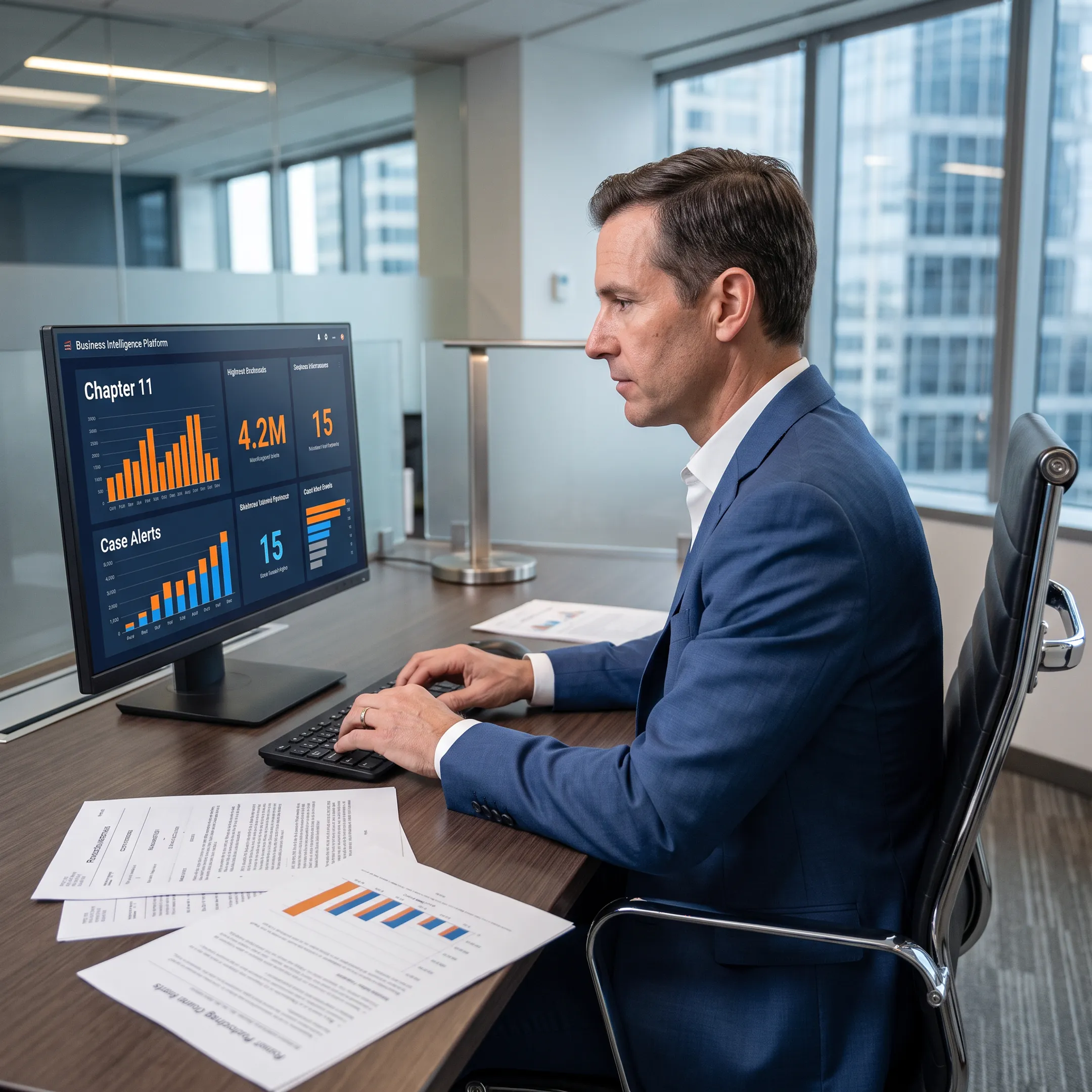 Analyst reviewing Chapter 11 bankruptcy filings and restructuring case data on a research platform