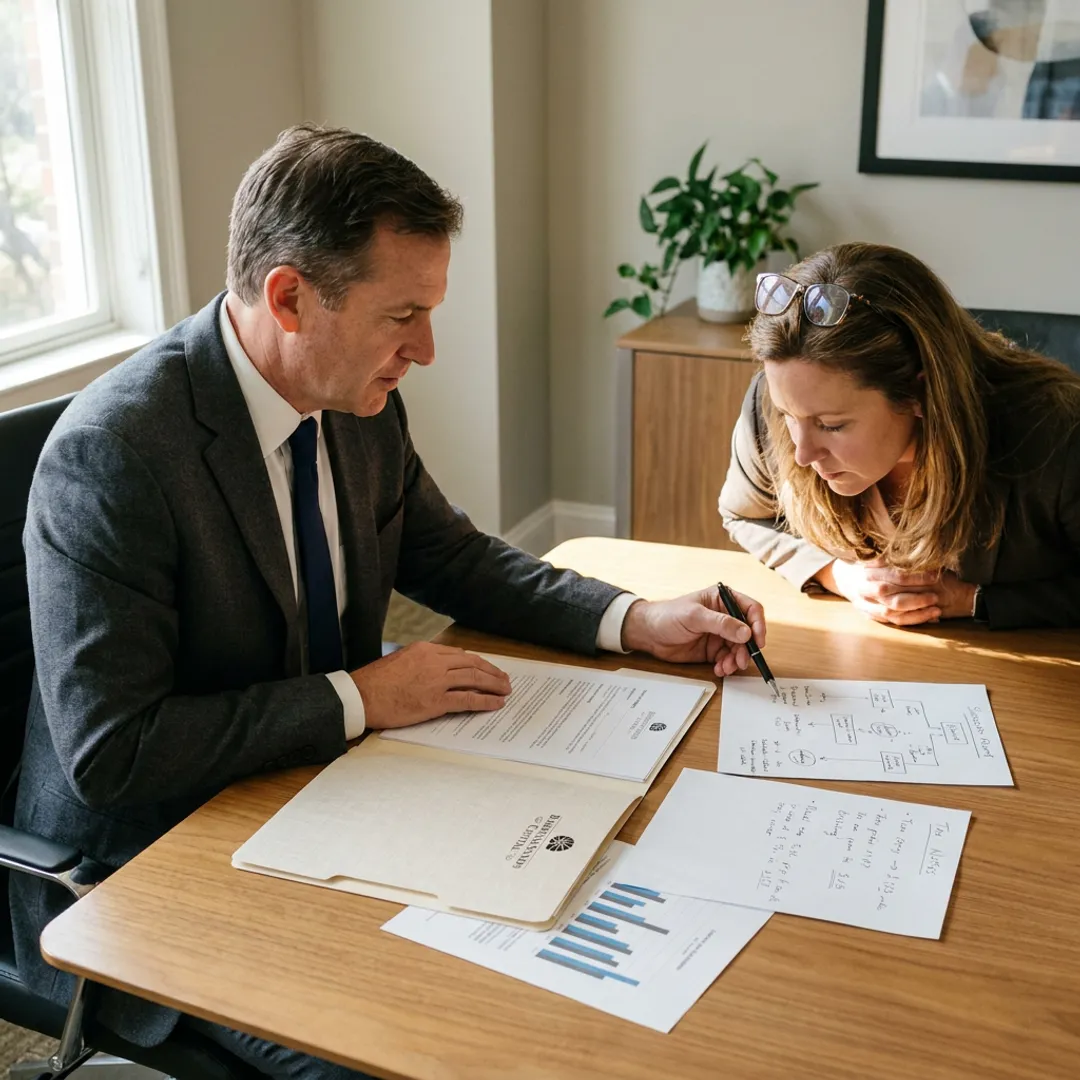 Advisor guiding entrepreneur through estate planning process