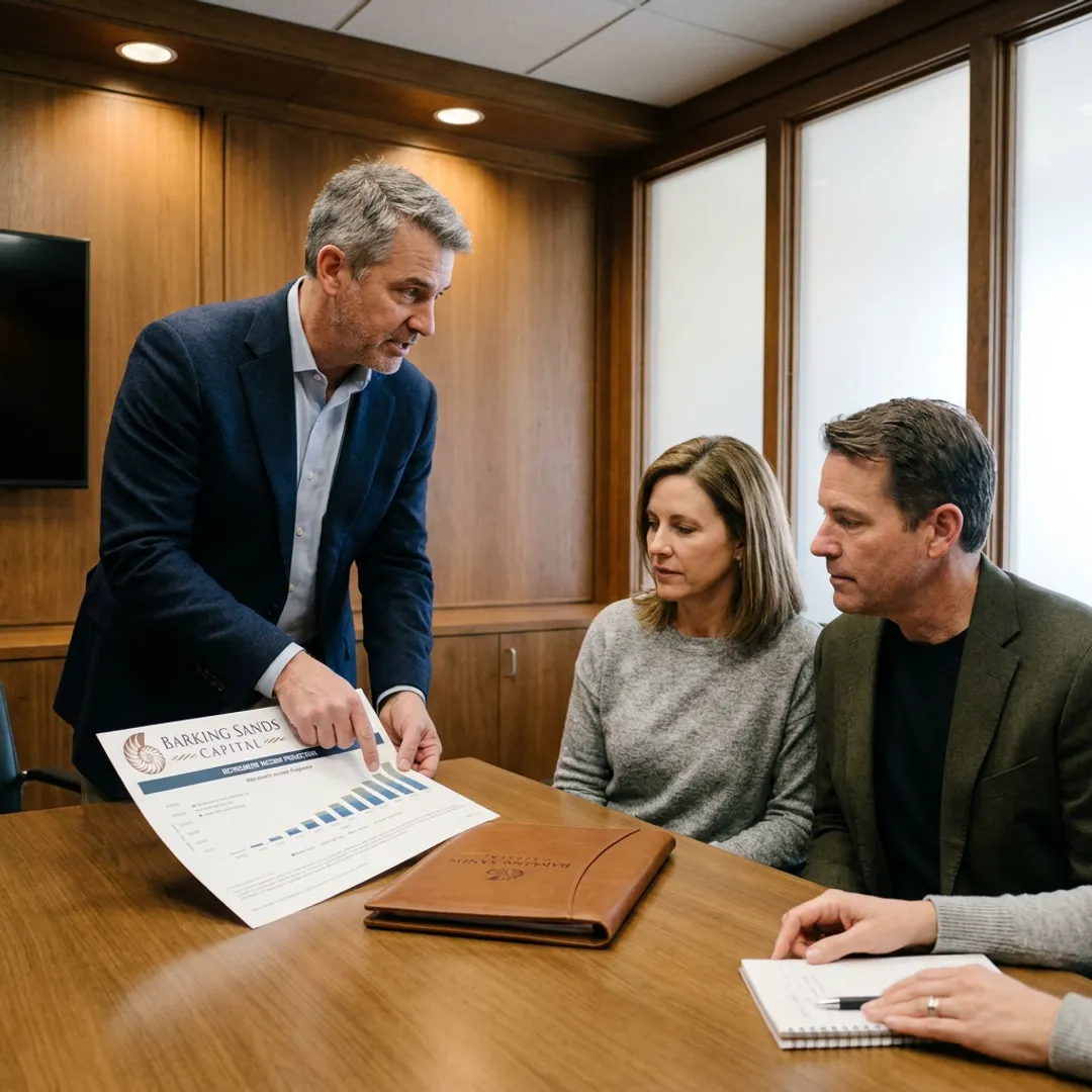 Financial advisor reviewing retirement income plan with clients