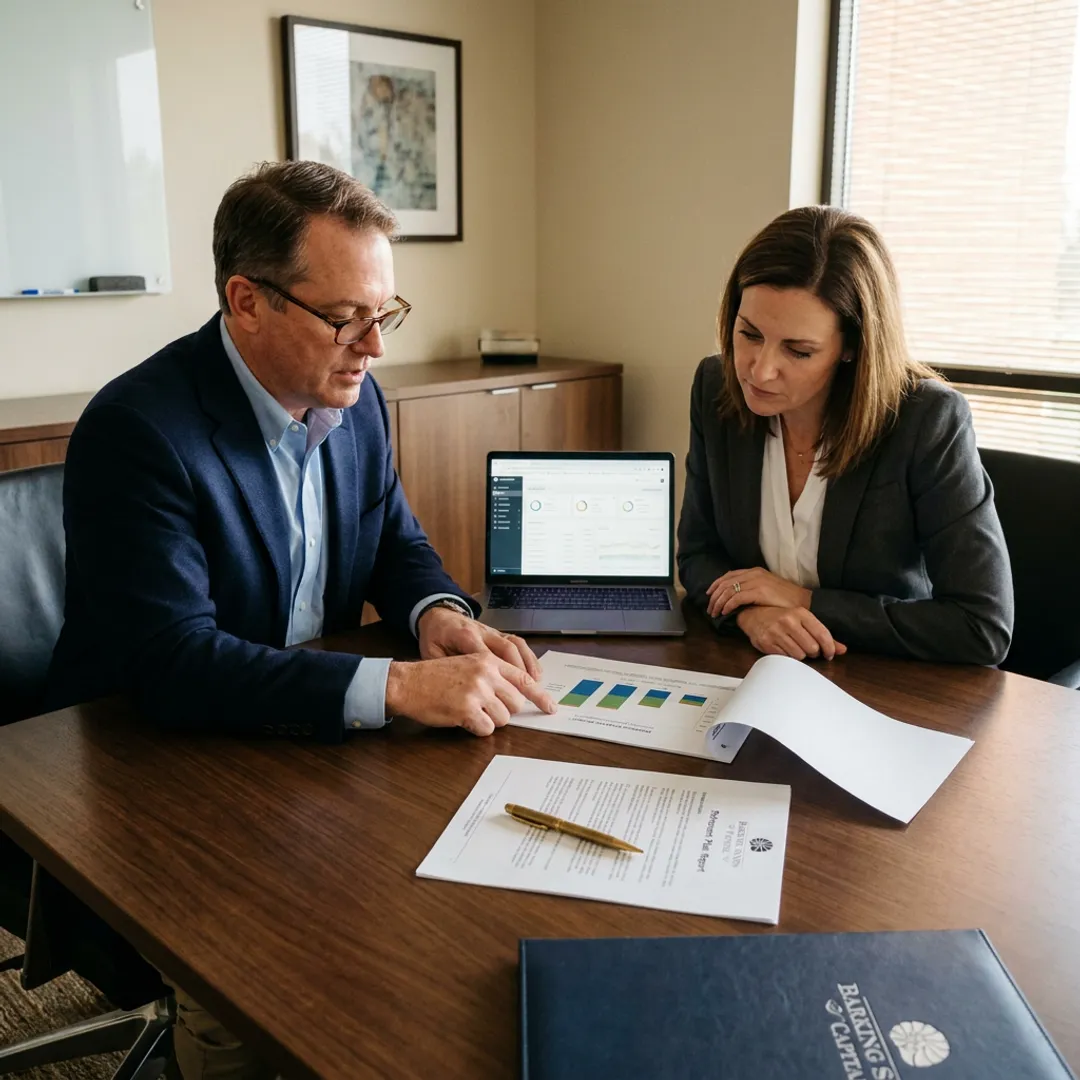 Advisor reviewing employer retirement plan documents with business owner