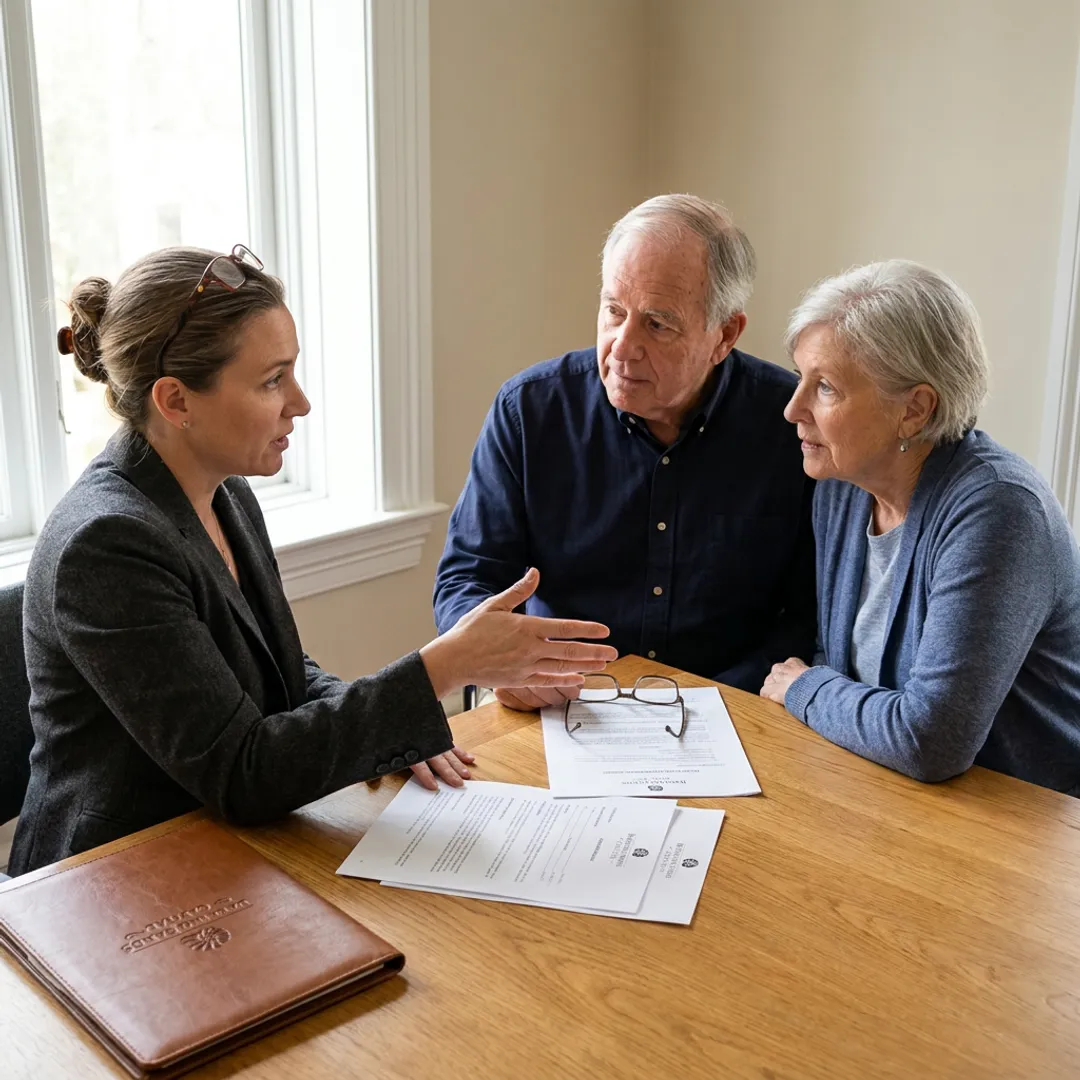 Senior couple reviewing estate planning documents with advisor