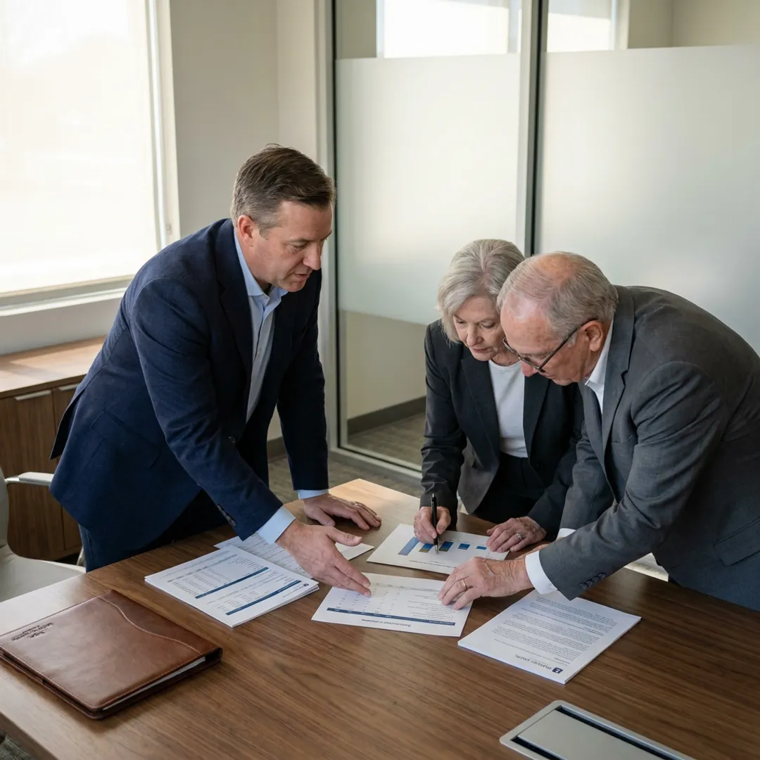 Advisor reviewing succession planning documents with business owners