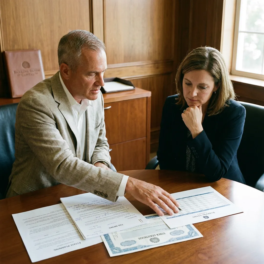 Advisor reviewing estate and QSBS wealth planning documents