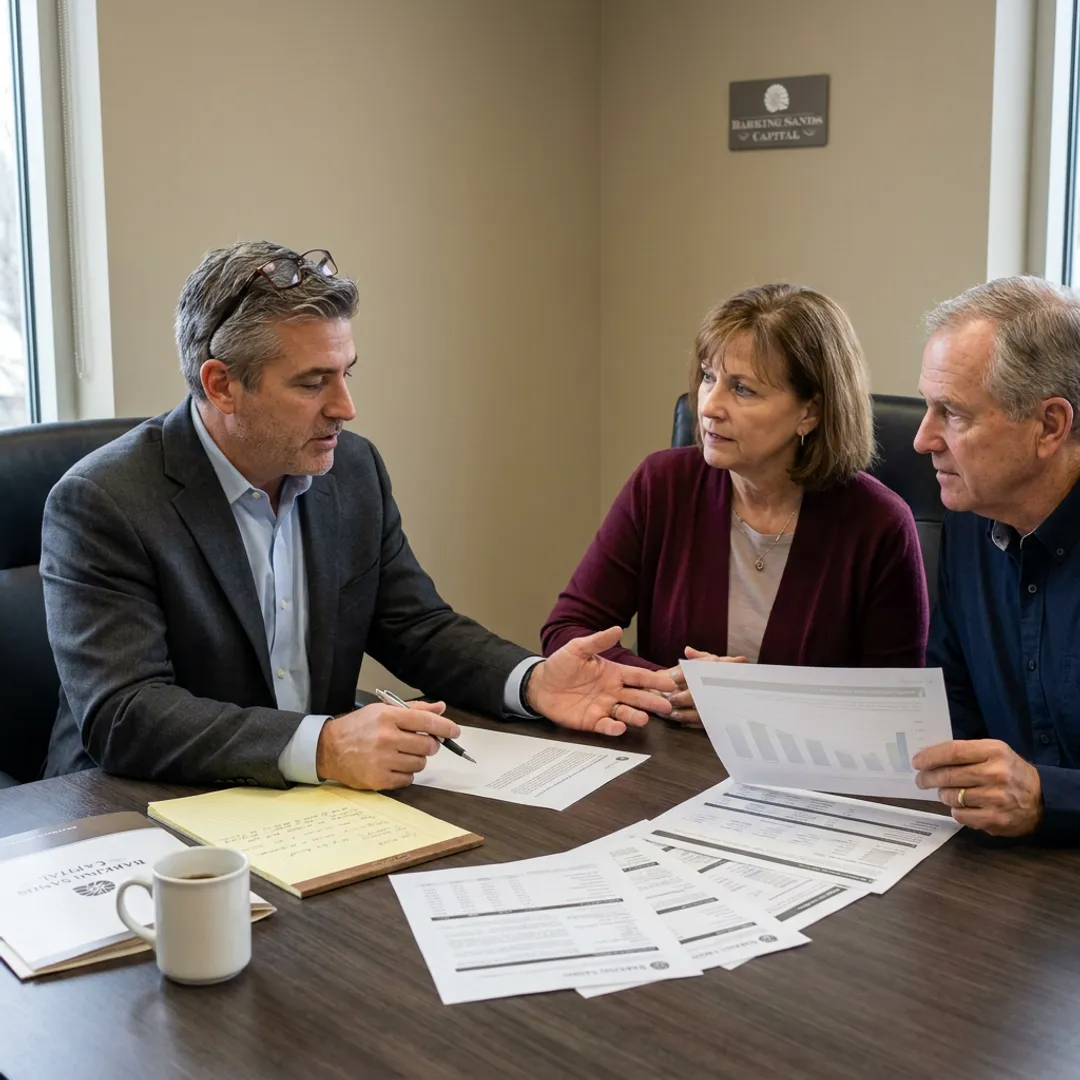 Financial advisor reviewing planning documents with clients