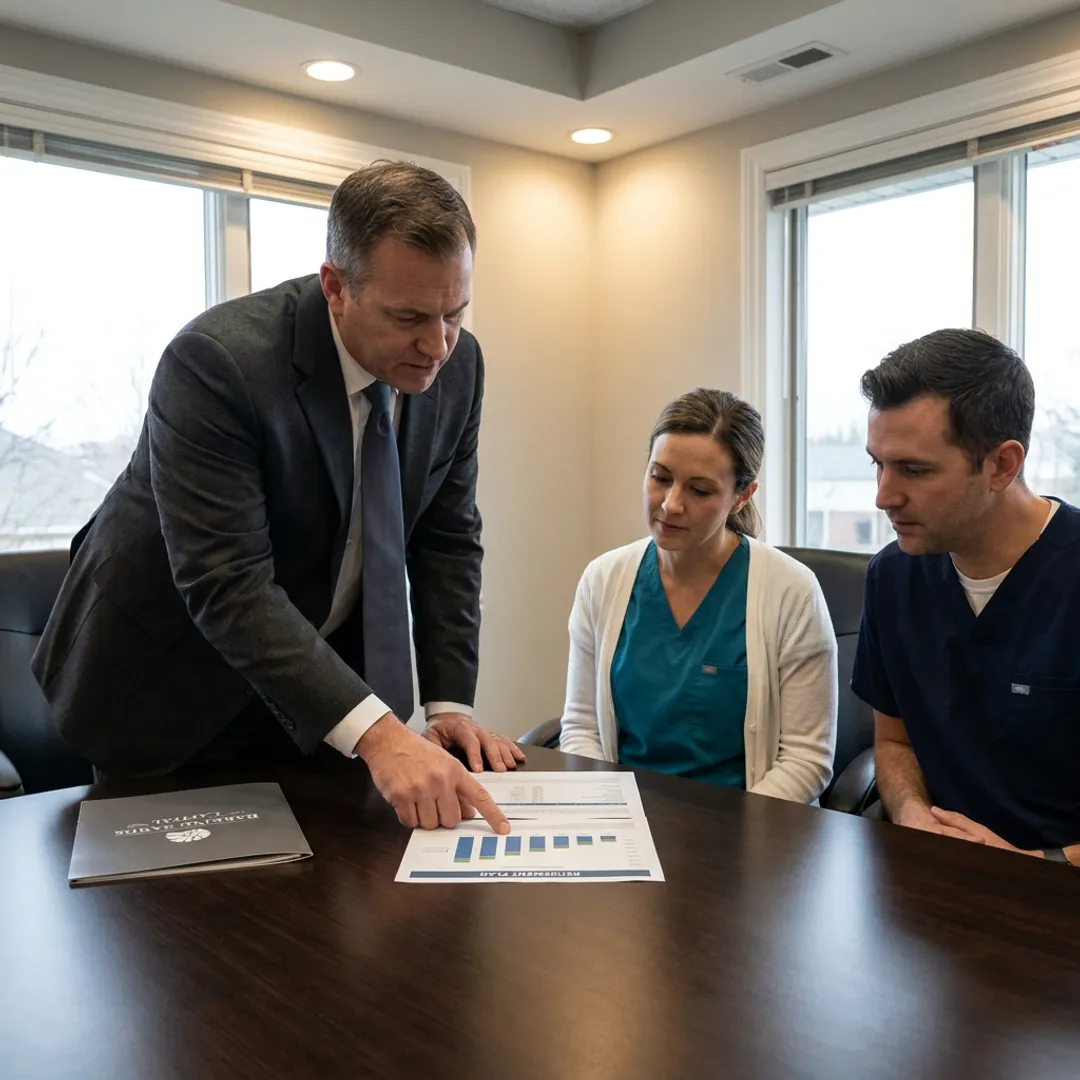 Advisor explaining retirement plan benefits to healthcare professionals