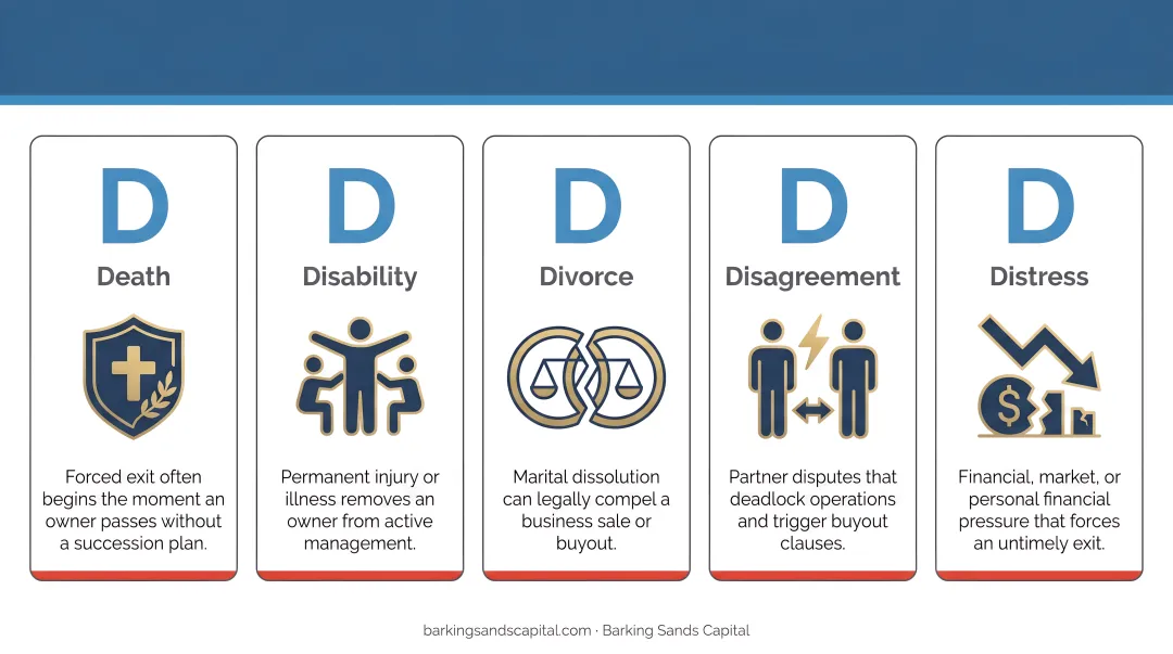 The 5 D's of forced business exit triggers infographic for owners