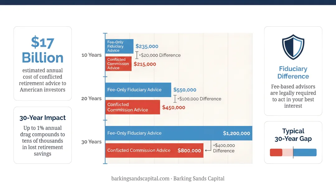 Annual cost of conflicted retirement advice showing fee impact on 30-year investor returns